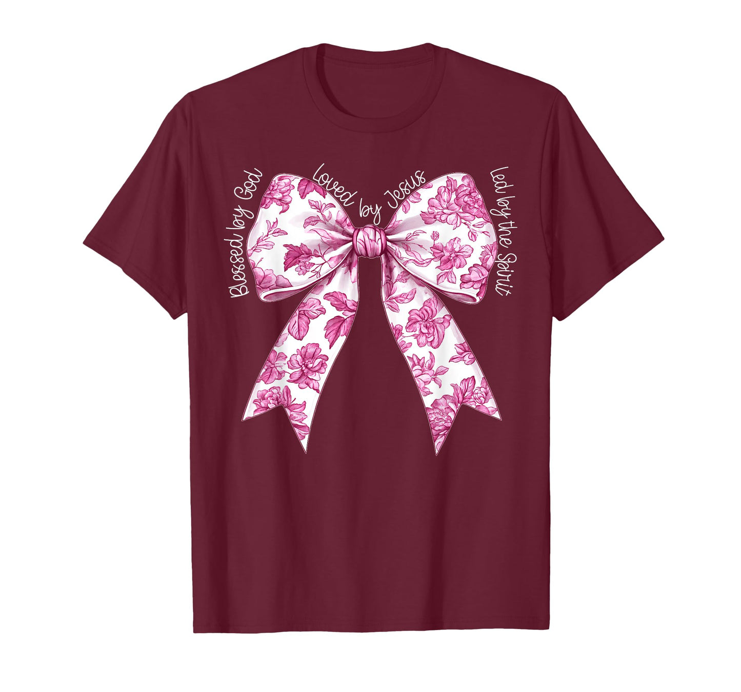 Blessed By God Loved By Jesus Pink Toile Coquette Bow T-Shirt