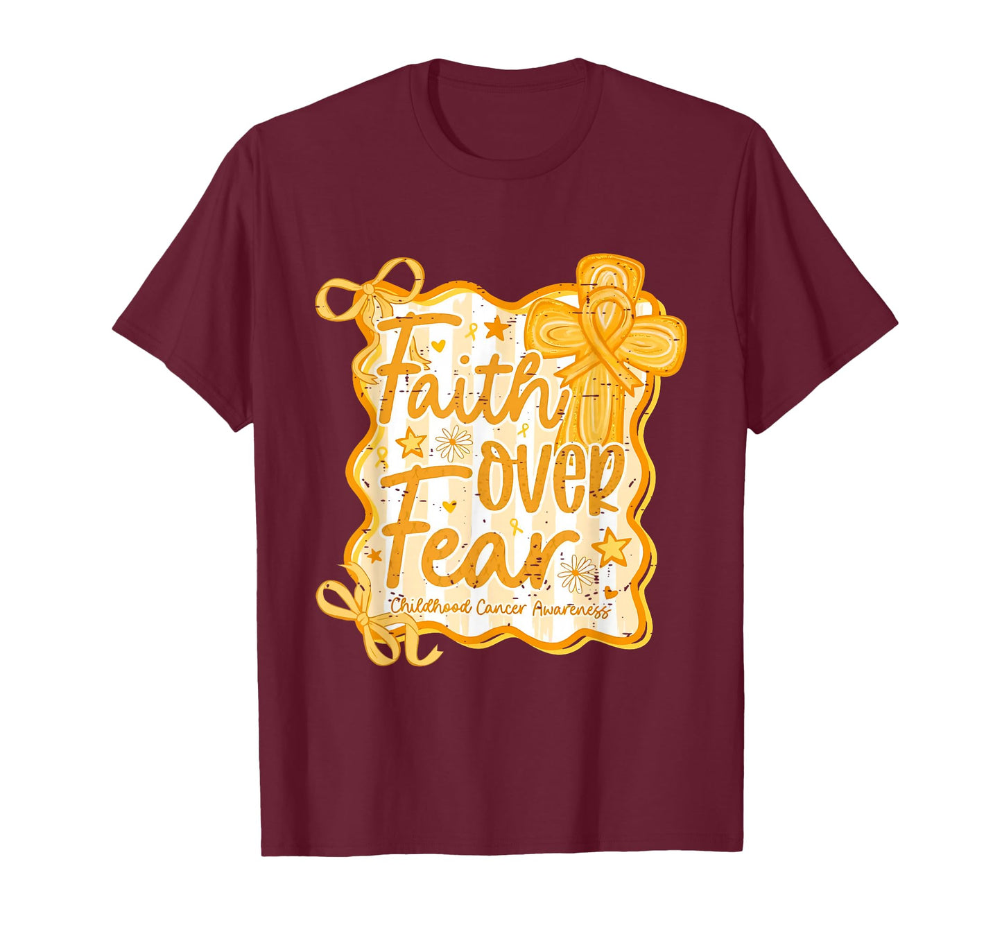 Faith Over Fear Childhood Cancer Awareness Gold Ribbon Bow T-Shirt