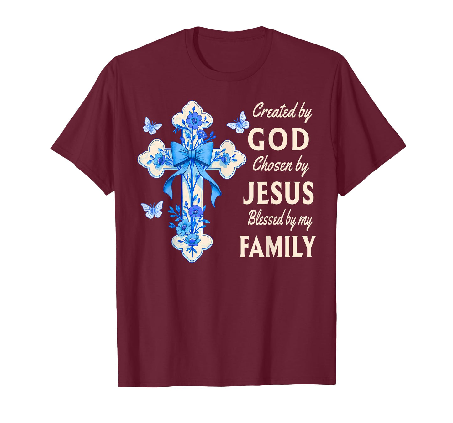 Created By God Blessed By Family Blue Toile Floral Cross T-Shirt