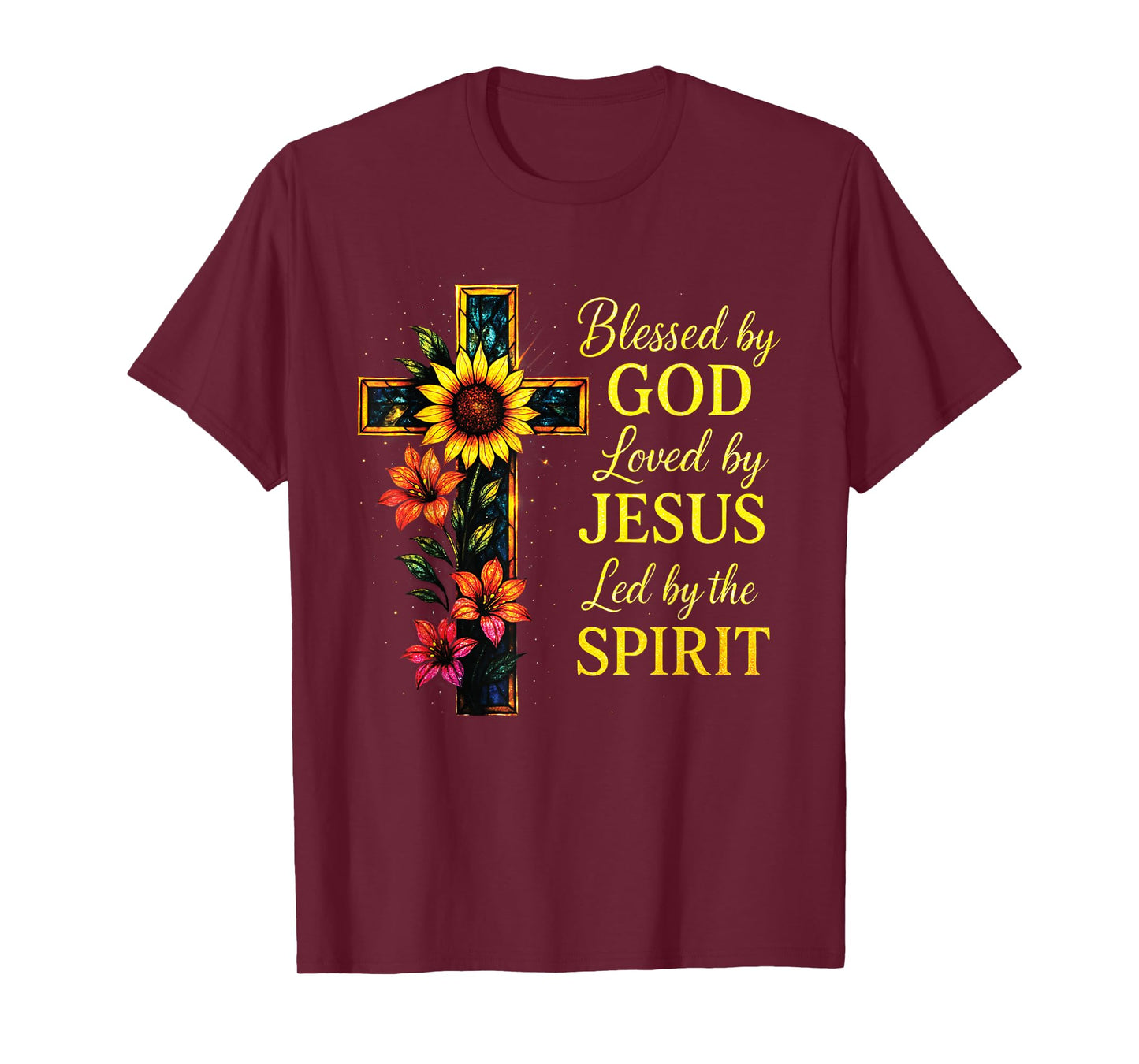 Blessed by God Loved by Jesus Stained Glass Cross T-Shirt