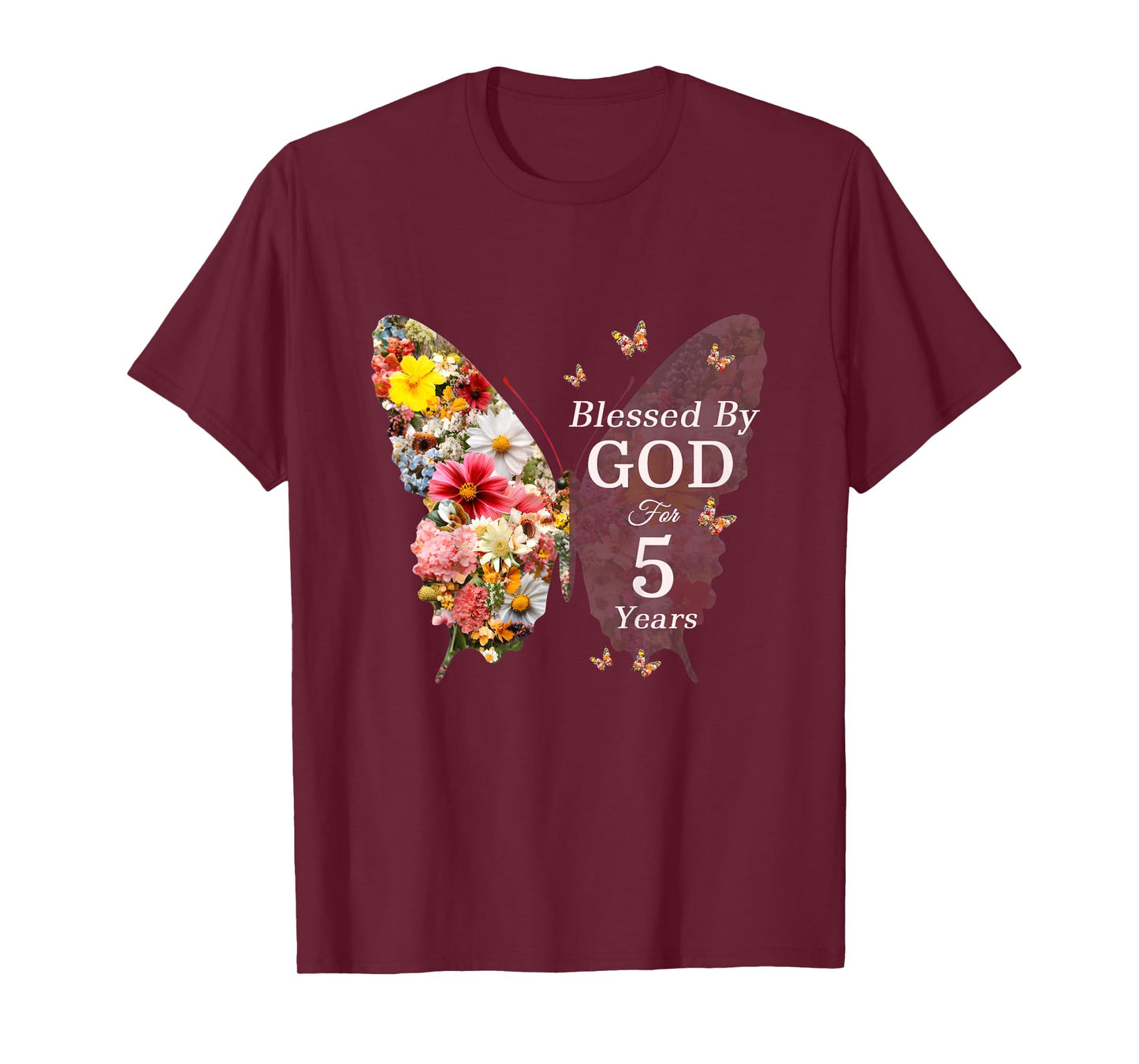 Kids Blessed By God For 5 Years Butterfly Flower 5th Birthday T-Shirt