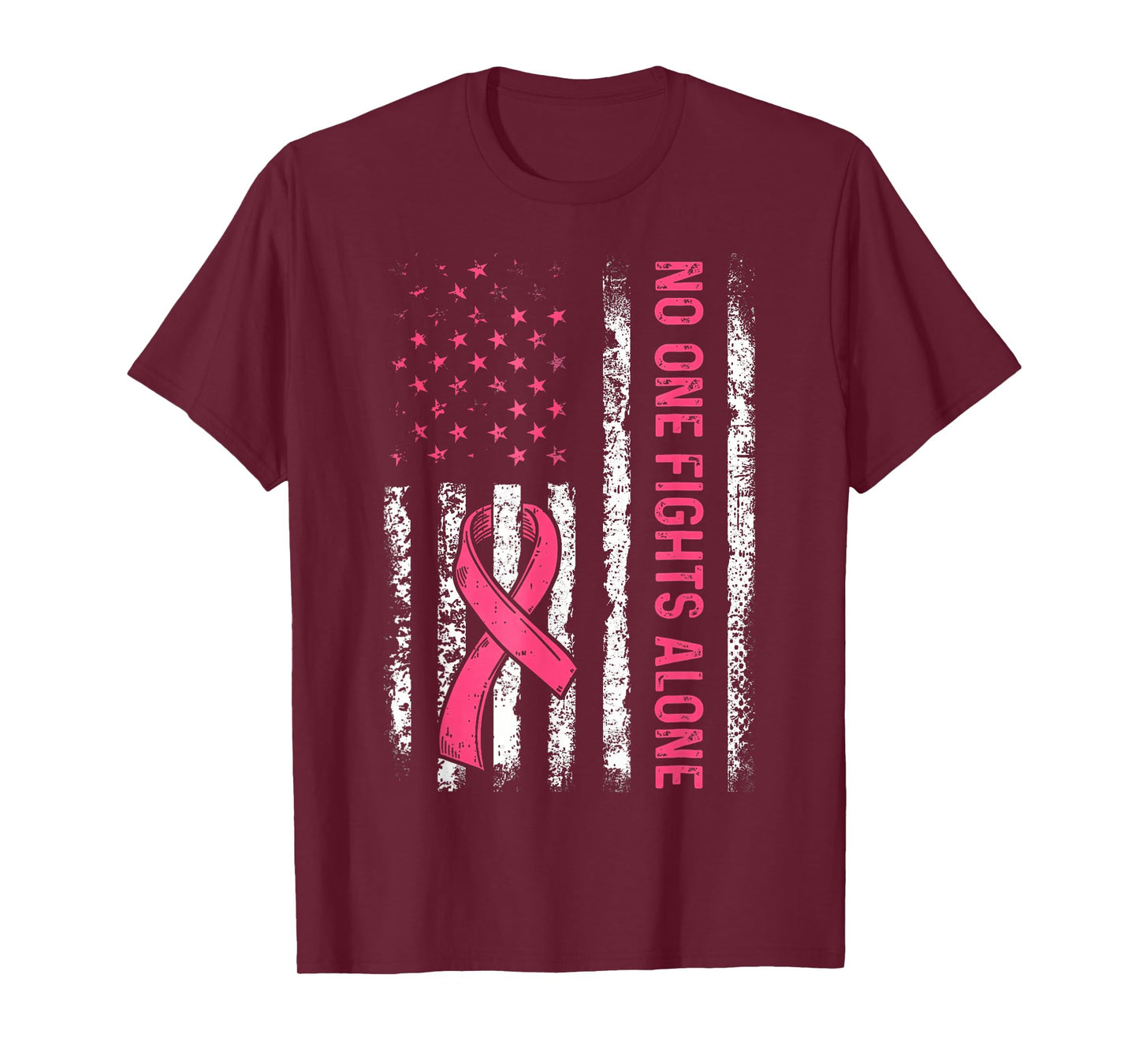 No One Fights Breast Cancer Alone American Flag Pink Ribbon T-Shirt