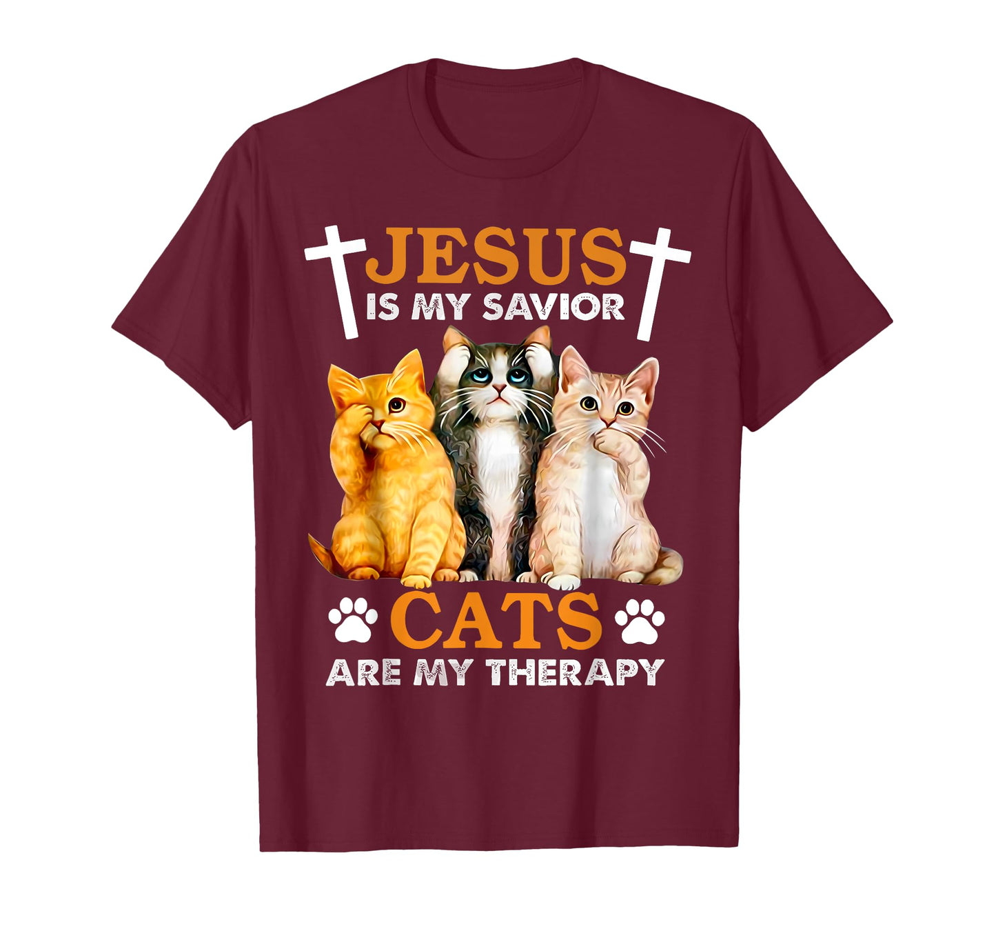Jesus Is My Savior Cats Are My Therapy Christian Funny Cat Men Women T-Shirt