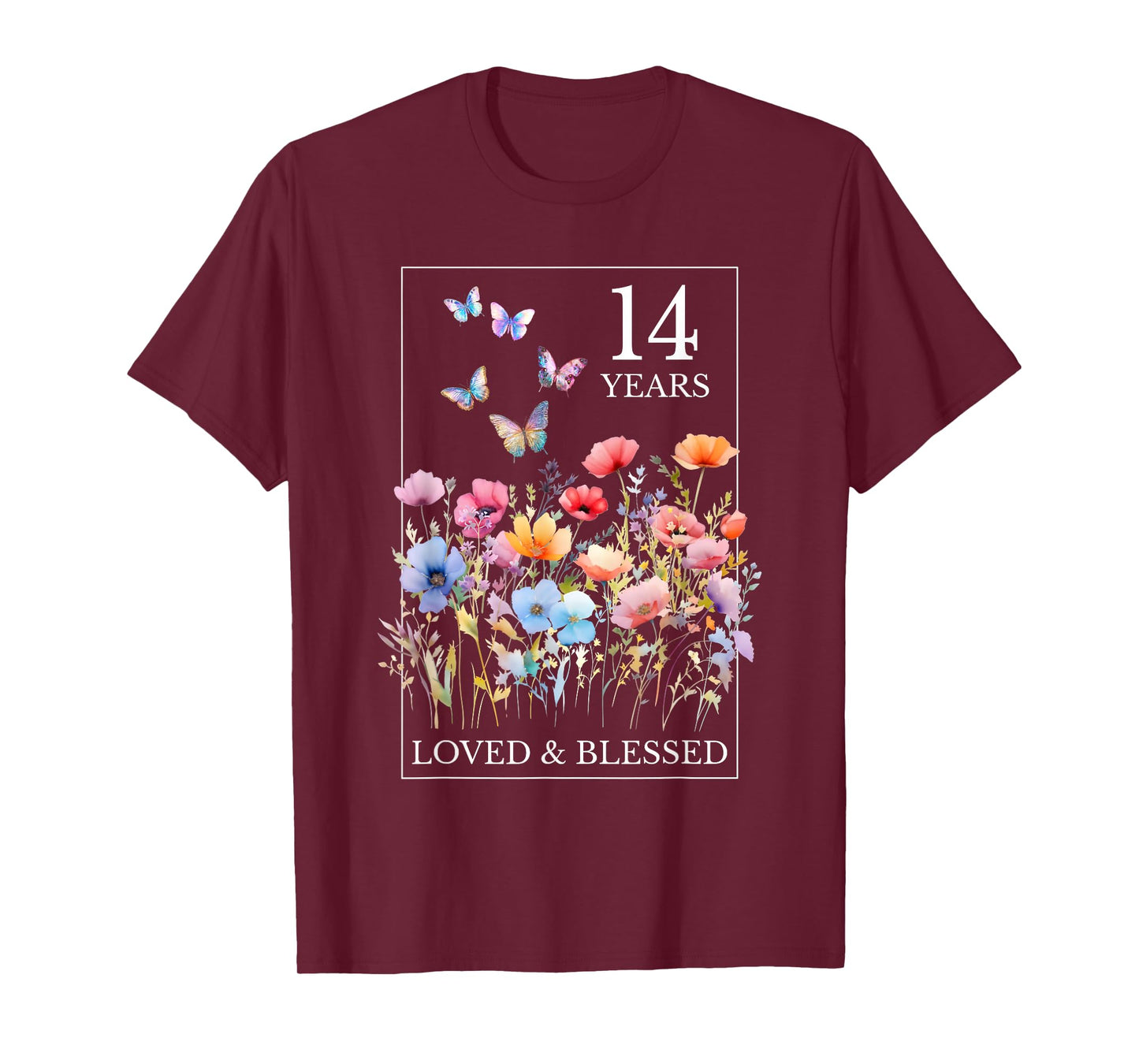 14 Years Loved Blessed Butterfly Flower Stamp 14th Birthday T-Shirt