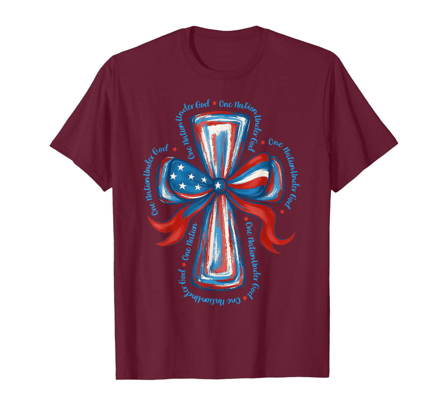 One Nation Under God USA Flag Cross Coquette Bow 4th Of July T-Shirt