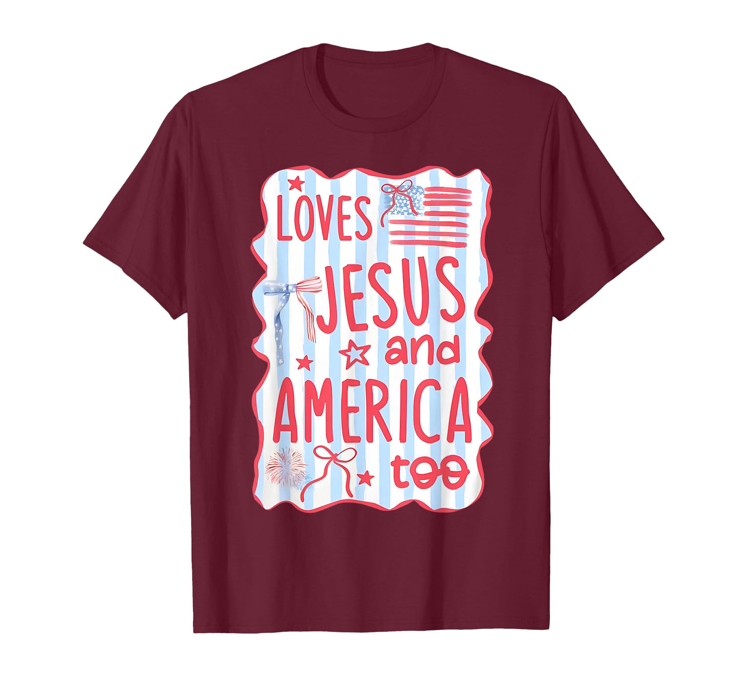 Coquette Bow Loves Jesus And America Too 4th Of July Womens T-Shirt