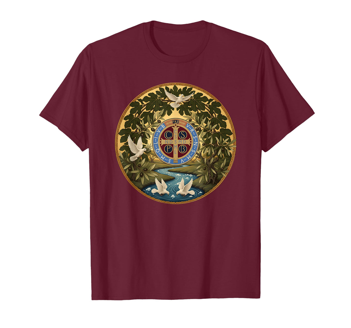 Sacred Saint Benedict Medal River Dove Fig Tree T-Shirt