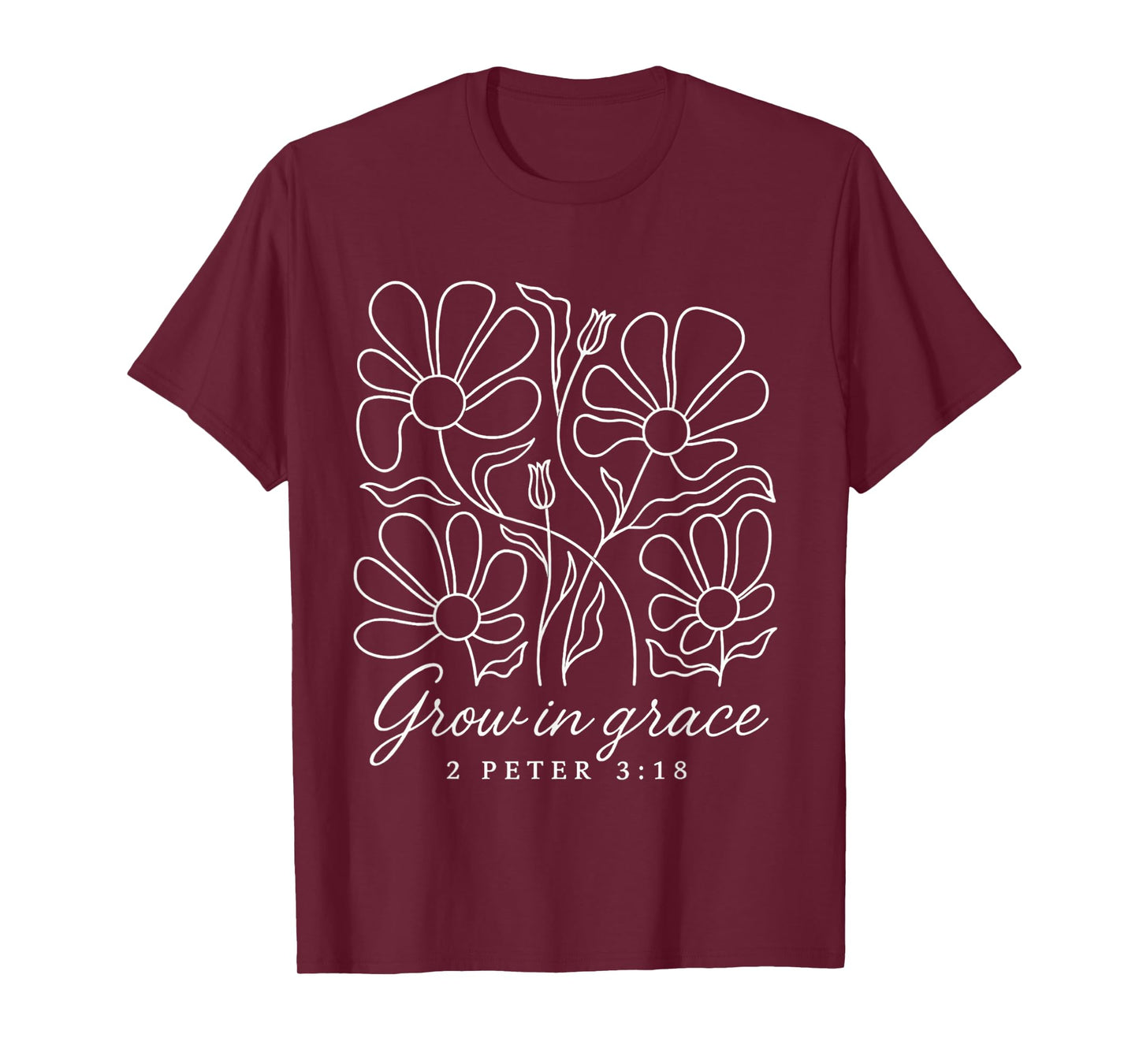 Grow In Grace Boho Floral Line Art Bible Verse Christian T-Shirt