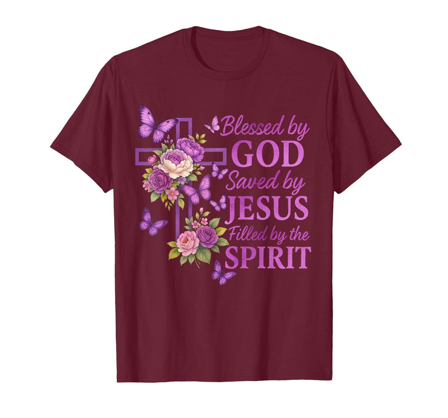 Blessed by God Saved by Jesus Purple Floral Cross Christian T-Shirt