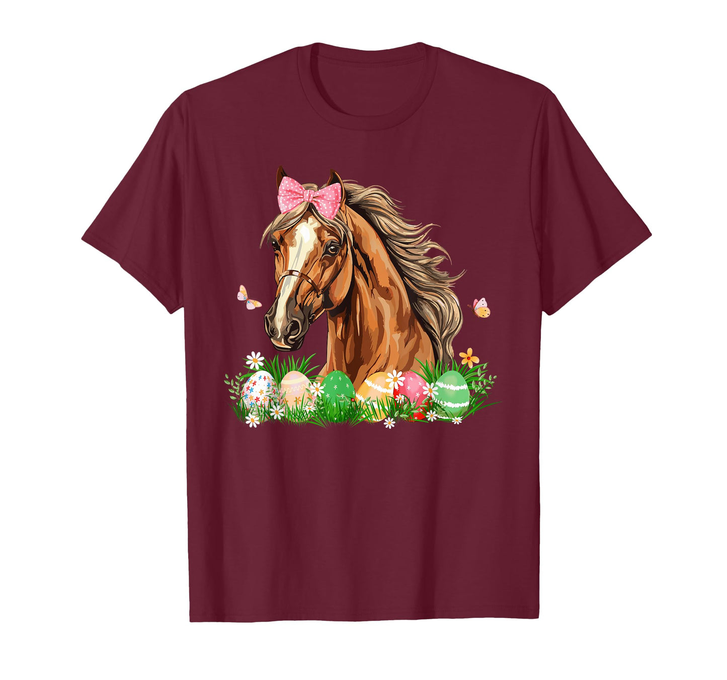 Cute Horse With Bow Easter Eggs Easter Day Kids Girls Women T-Shirt