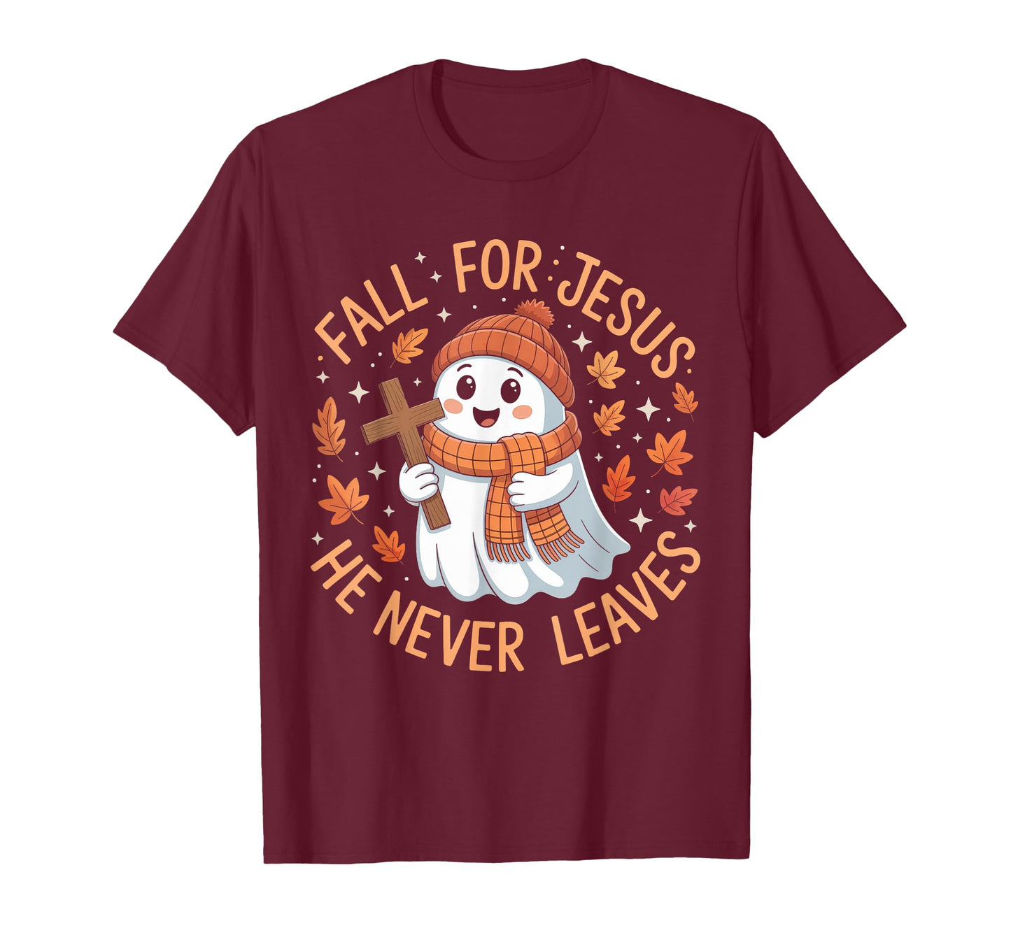 Fall for Jesus He Never Leave Cute Ghost Retro Halloween T-Shirt