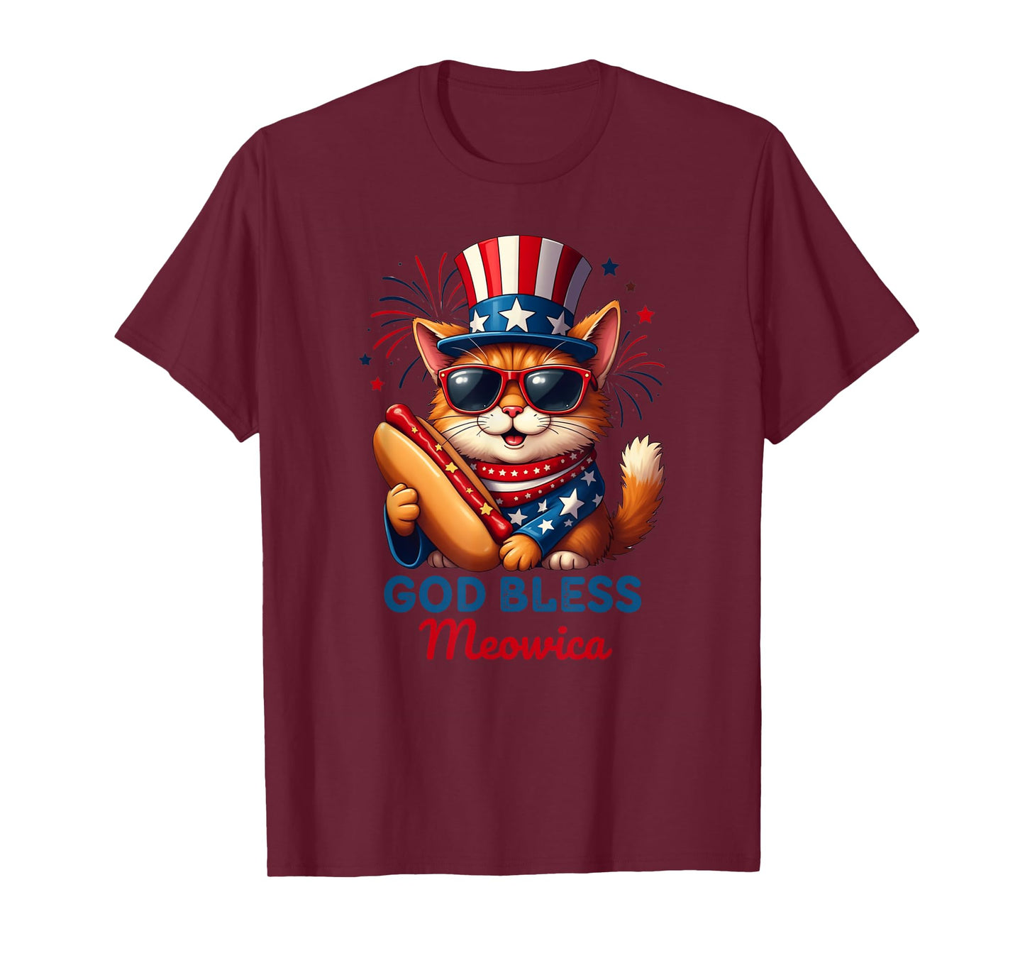 4th of July Hotdog Cat Funny Patriotic Cat USA Flag MEOWICA T-Shirt for Men Women Kids
