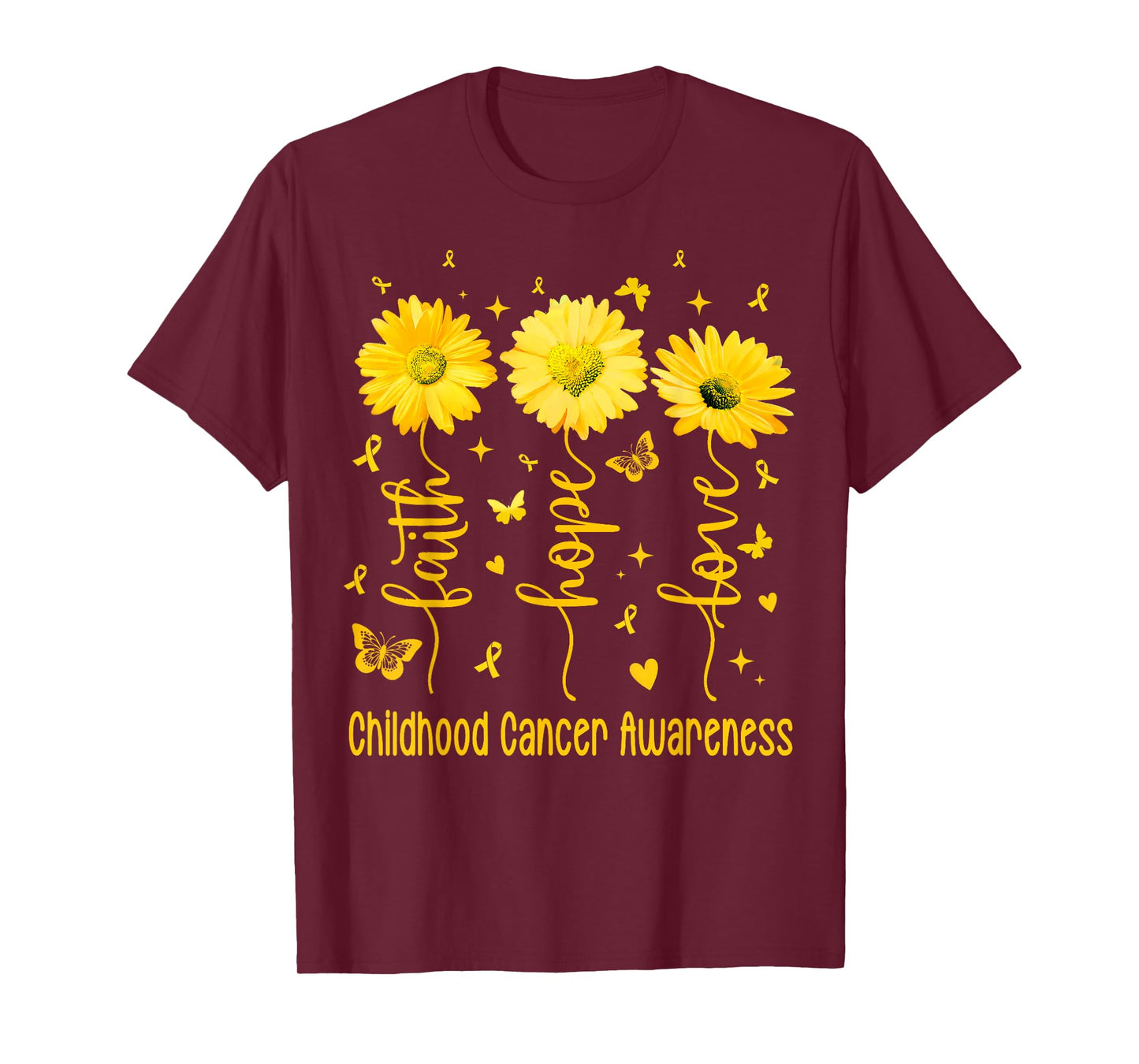 Faith Hope Love Gold Daisy Flower Childhood Cancer Awareness T-Shirt