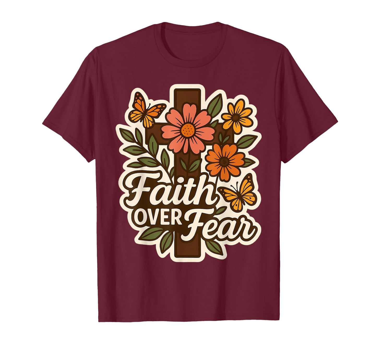 Faith Over Fear Floral Vintage Christian Flowers Cross Retro T-Shirt