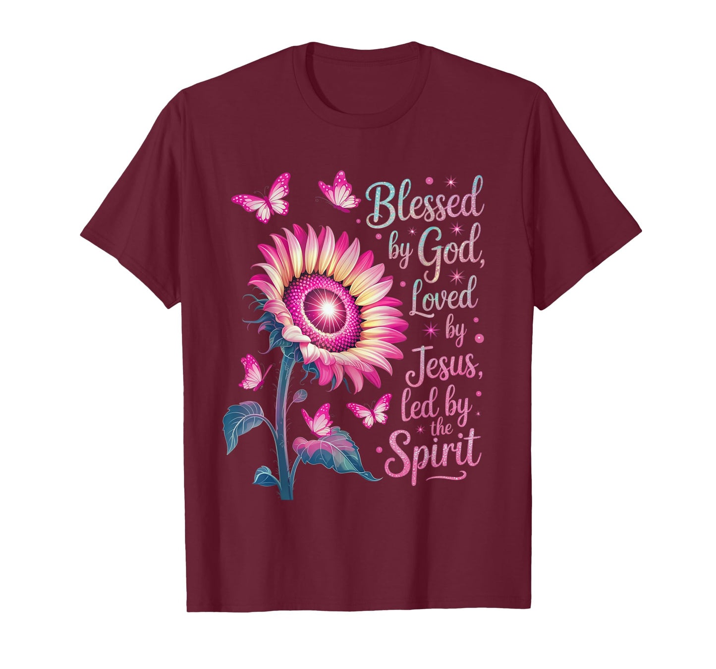 Blessed by God Loved by Jesus Pink Sunflower Faith Christian T-Shirt