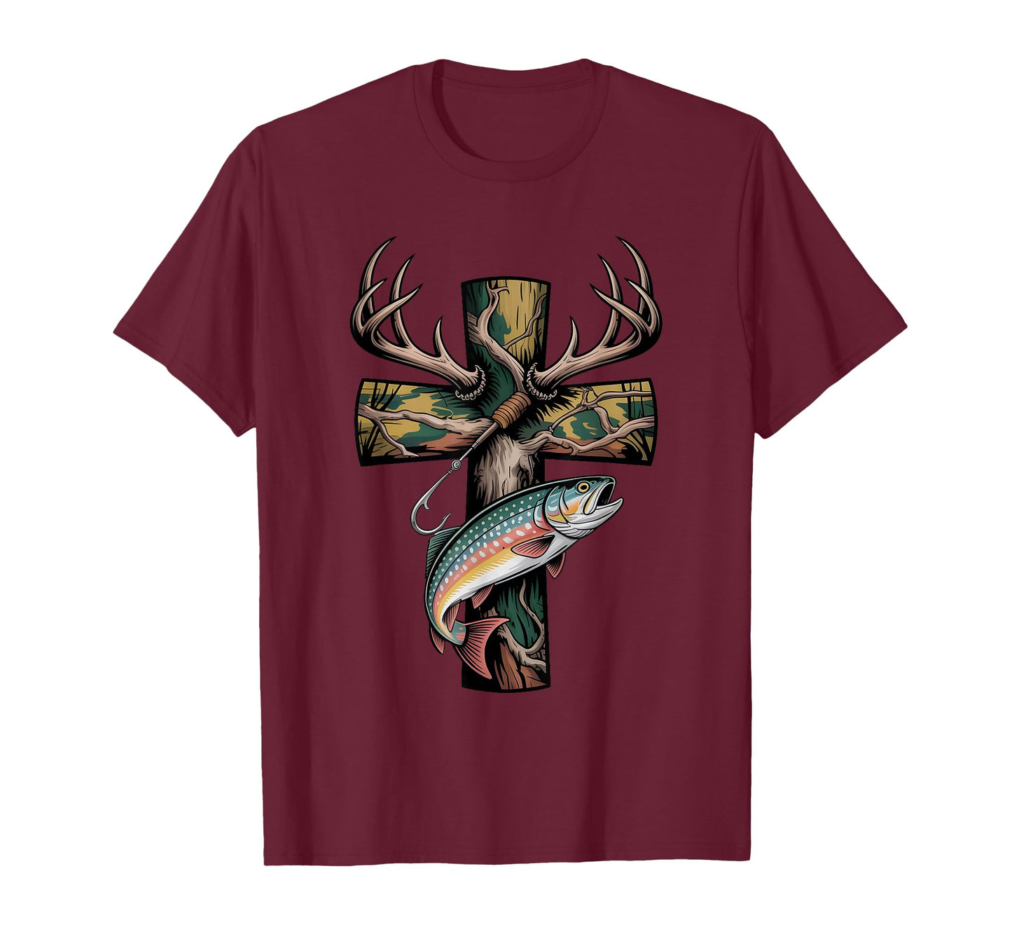 Faith Fishing Hunting Camo Cross with Hook Bass Christian T-Shirt