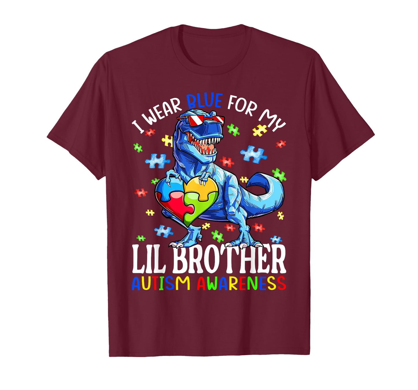 I Wear Blue For My Lil Brother Autism Awareness Dinosaur T-Shirt