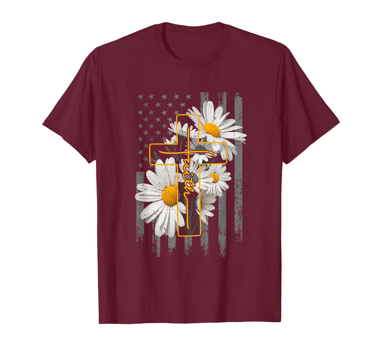 Love Faith Daisy Flowers Cross Flag Christian For Women T-Shirt