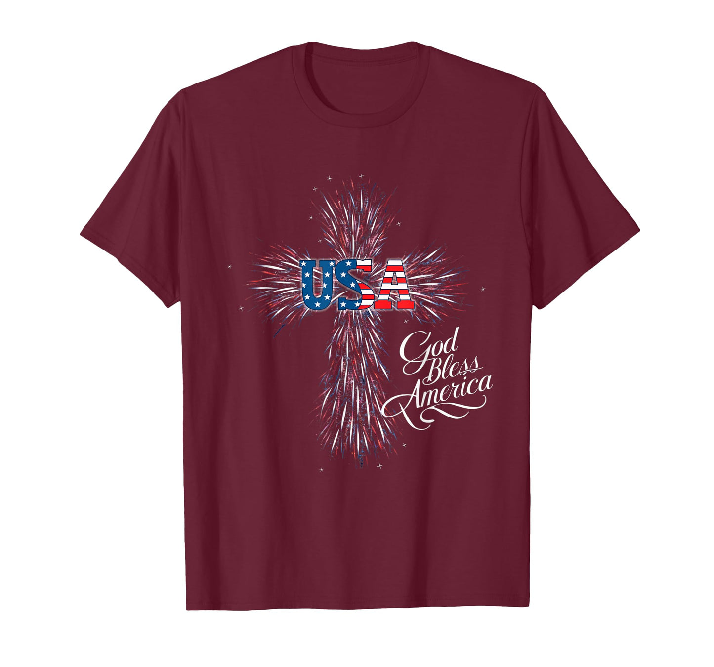 USA God Bless America Patriotic Fireworks Cross Women Men T-Shirt