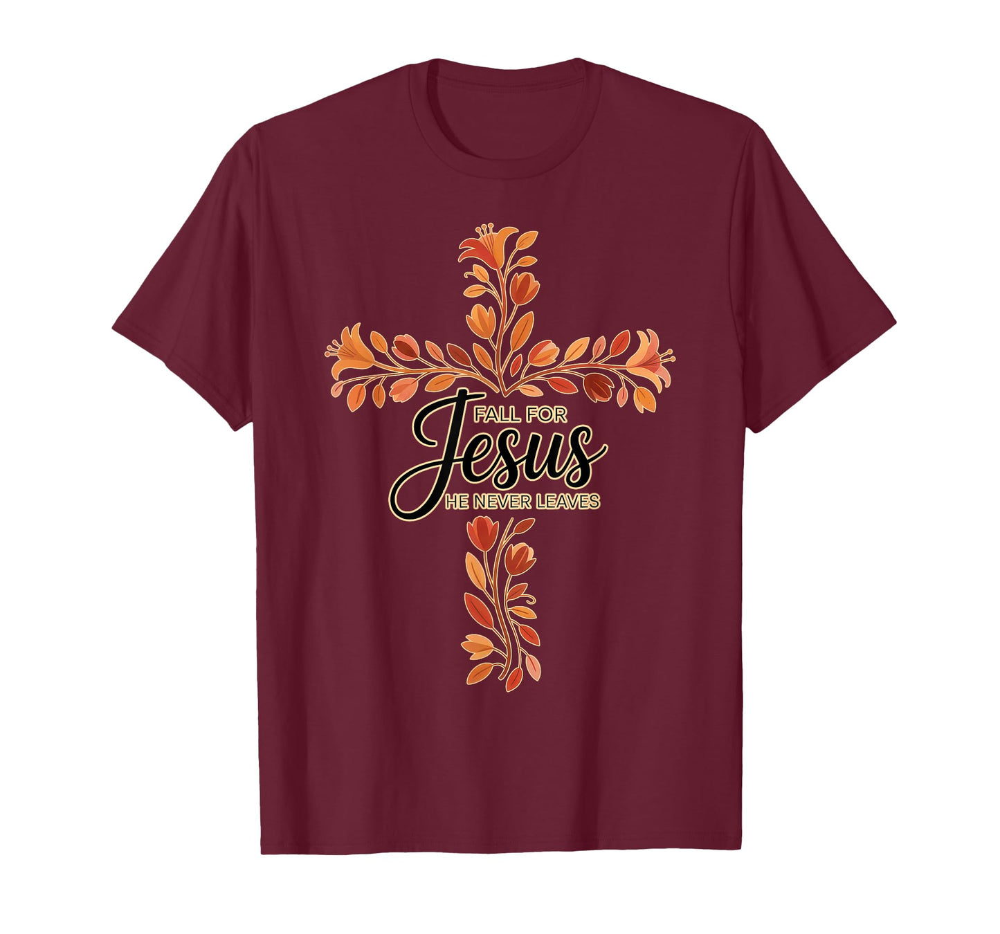 Fall for Jesus Cross with Floral Leaves Christian T-Shirt