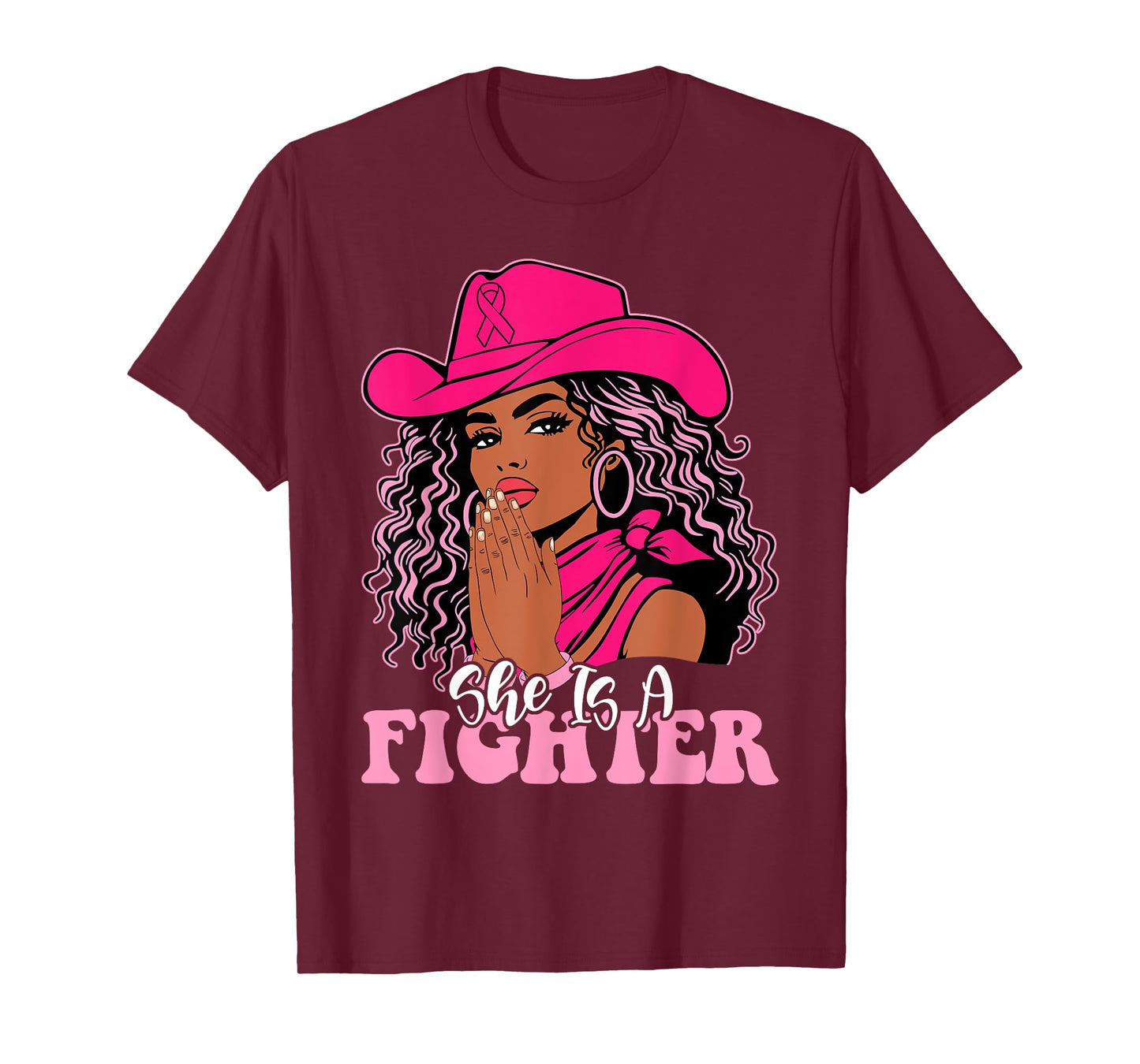 She is a Fighter Praying Black Cowgirl Afro Breast Cancer T-Shirt