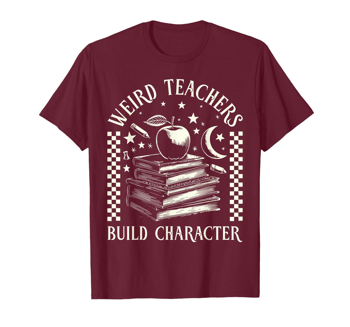 Retro Weird Teachers Build Character Book Stars Moon Teacher T-Shirt