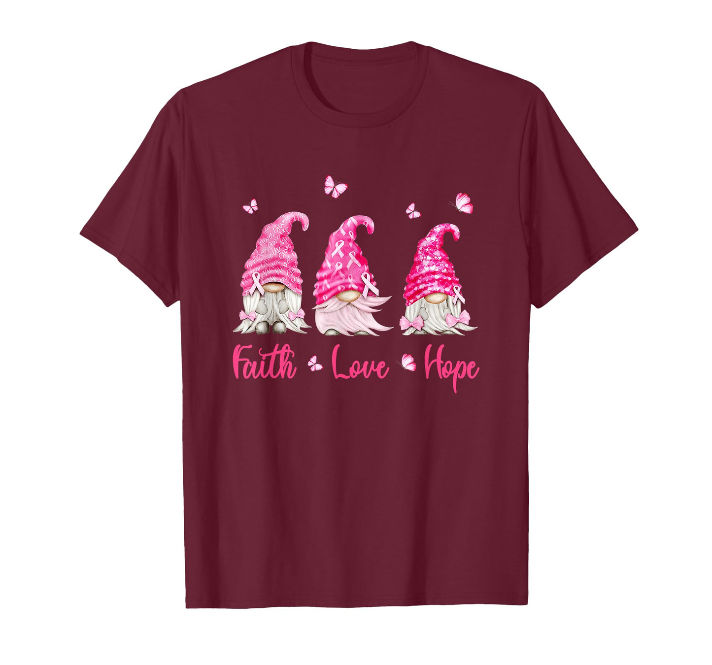 Faith Hope Love Gnome Breast Cancer Awareness Pink Ribbon T-Shirt