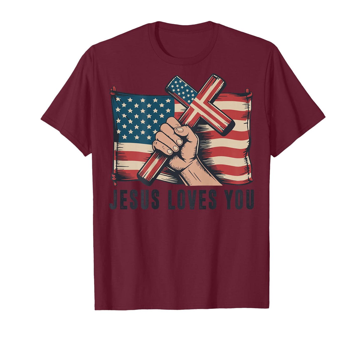 Mens Jesus Loves You Christian Patriotic Cross American Flag T-Shirt