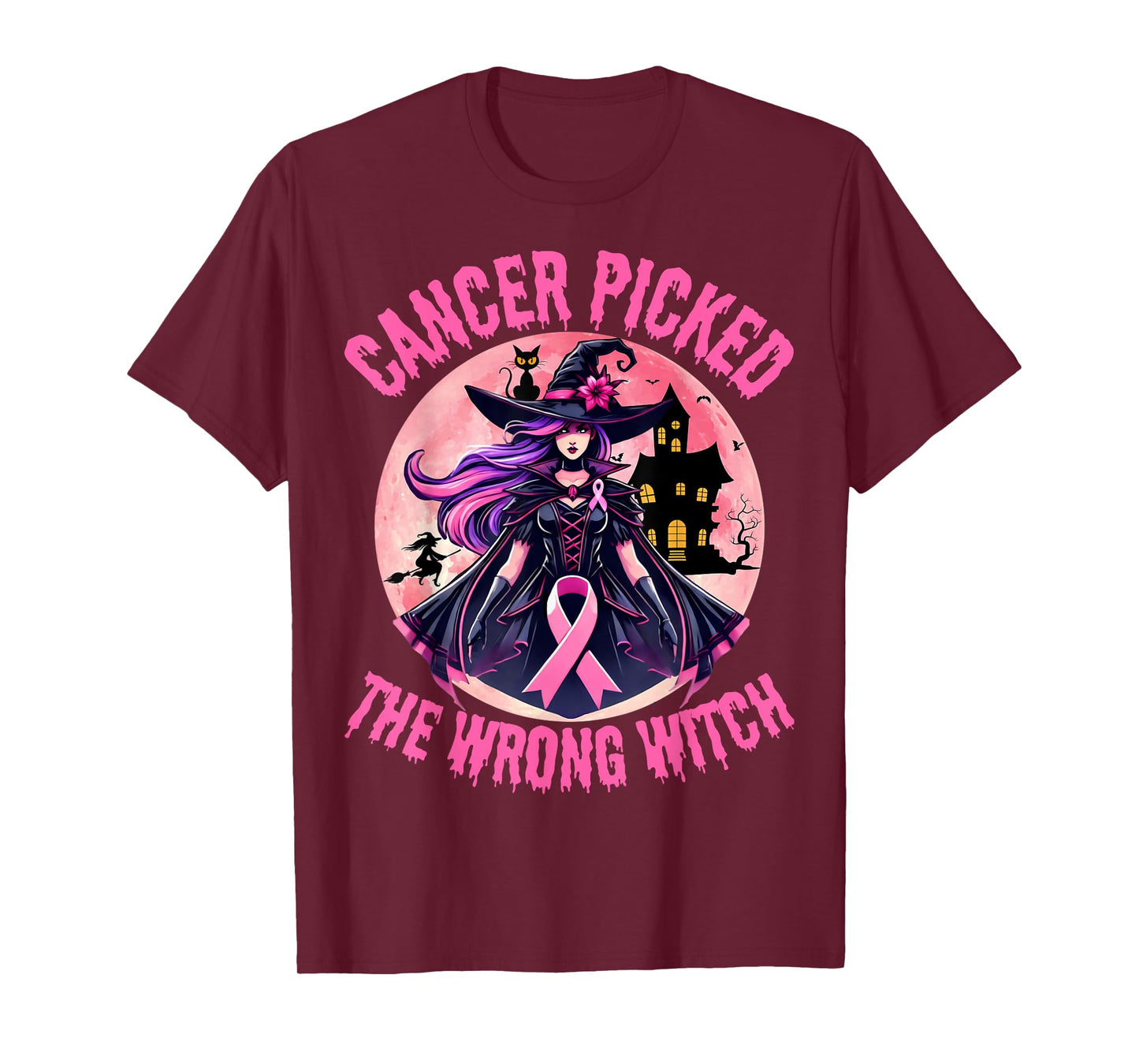 Breast Cancer Picked The Wrong Witch Halloween Melanin Cat T-Shirt