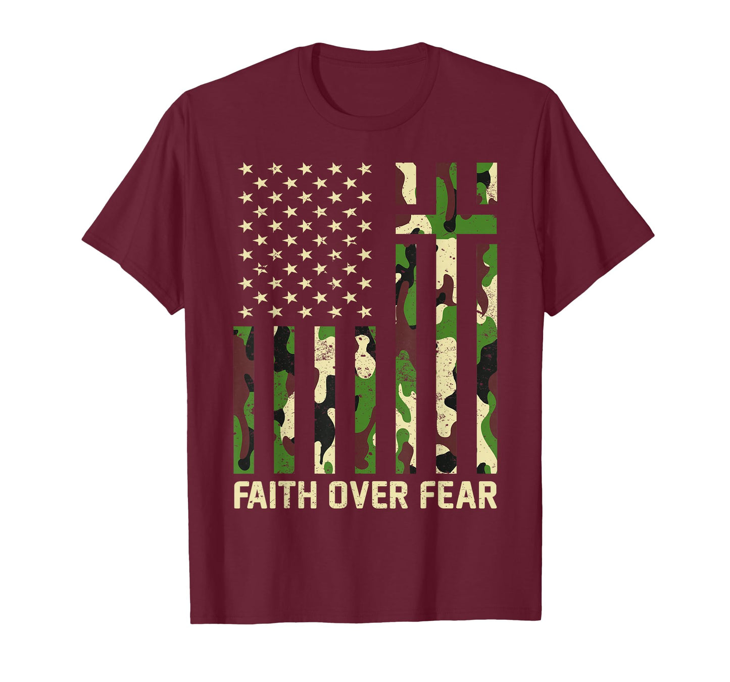 Faith Over Fear Christian Americn Flag Camouflage Patriotic T-Shirt