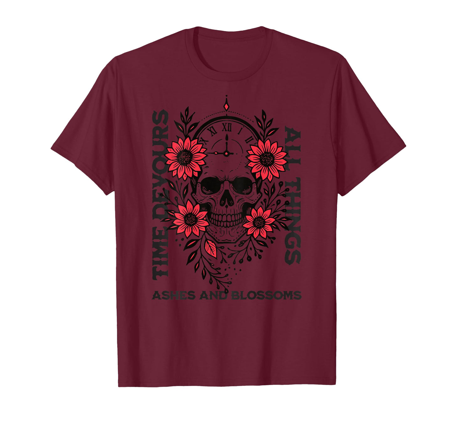 Time Devours All Things Gothic Skull Clock Tattoo Red Floral T-Shirt