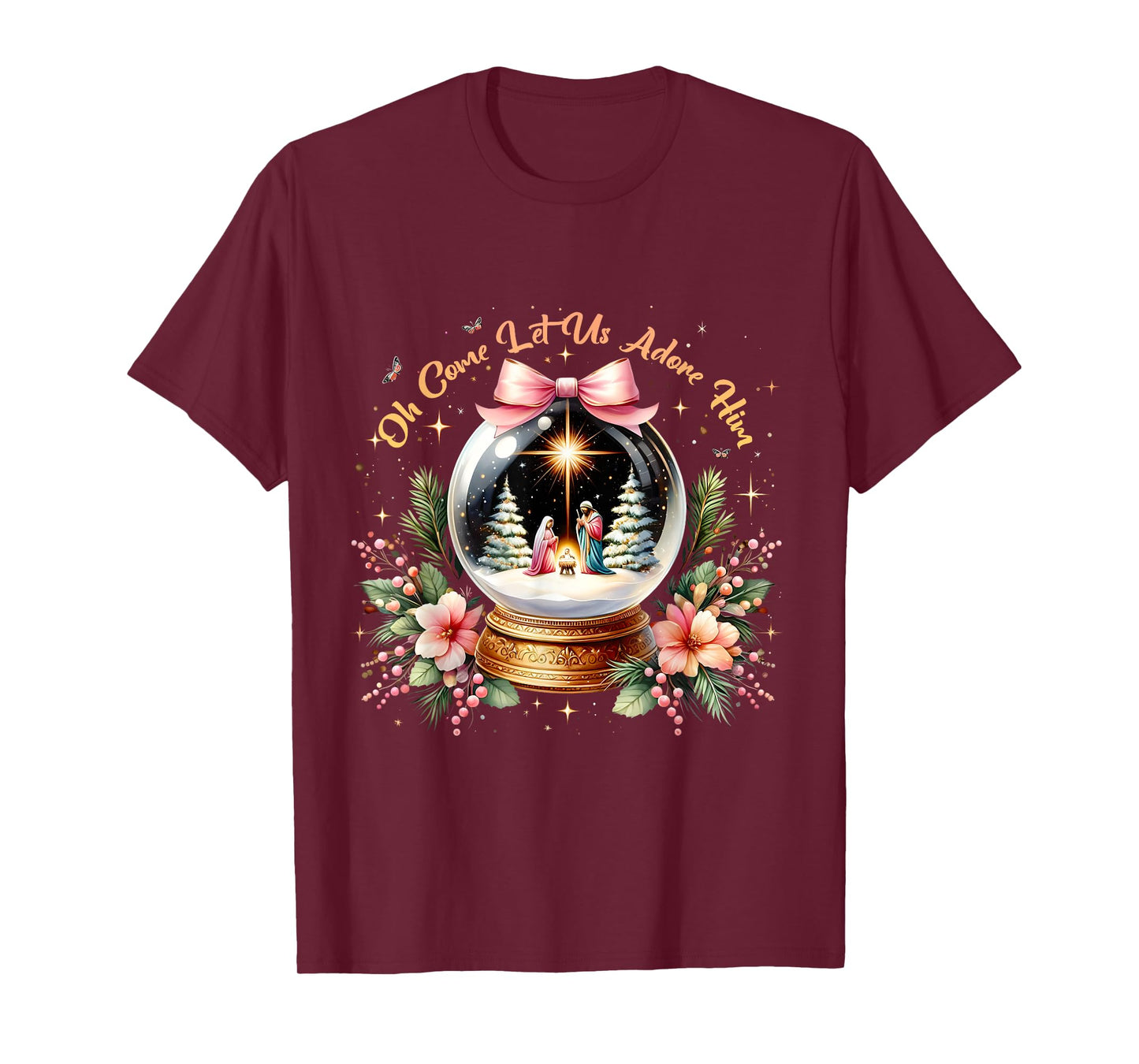 Oh Come Let Us Adore Him Christmas Nativity Scene Snow Globe T-Shirt