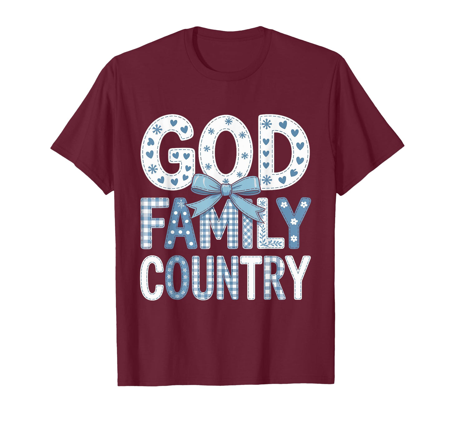 God Family Country - Patriotic Coquette Toile Blue Bow T-Shirt