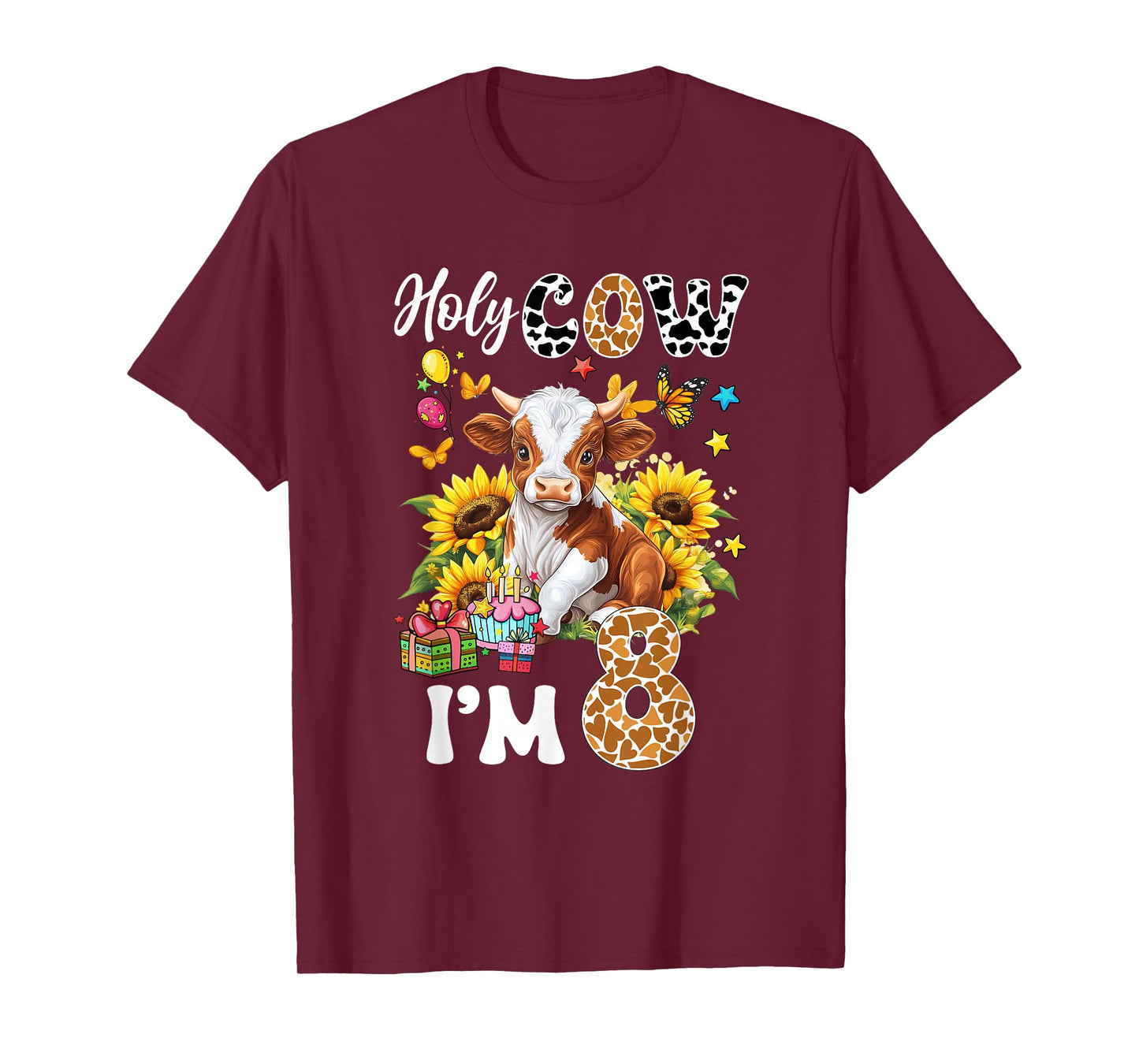 Holy Cow I'm 8 Years Old Farm Cow Sunflowers 8Th Birthday T-Shirt