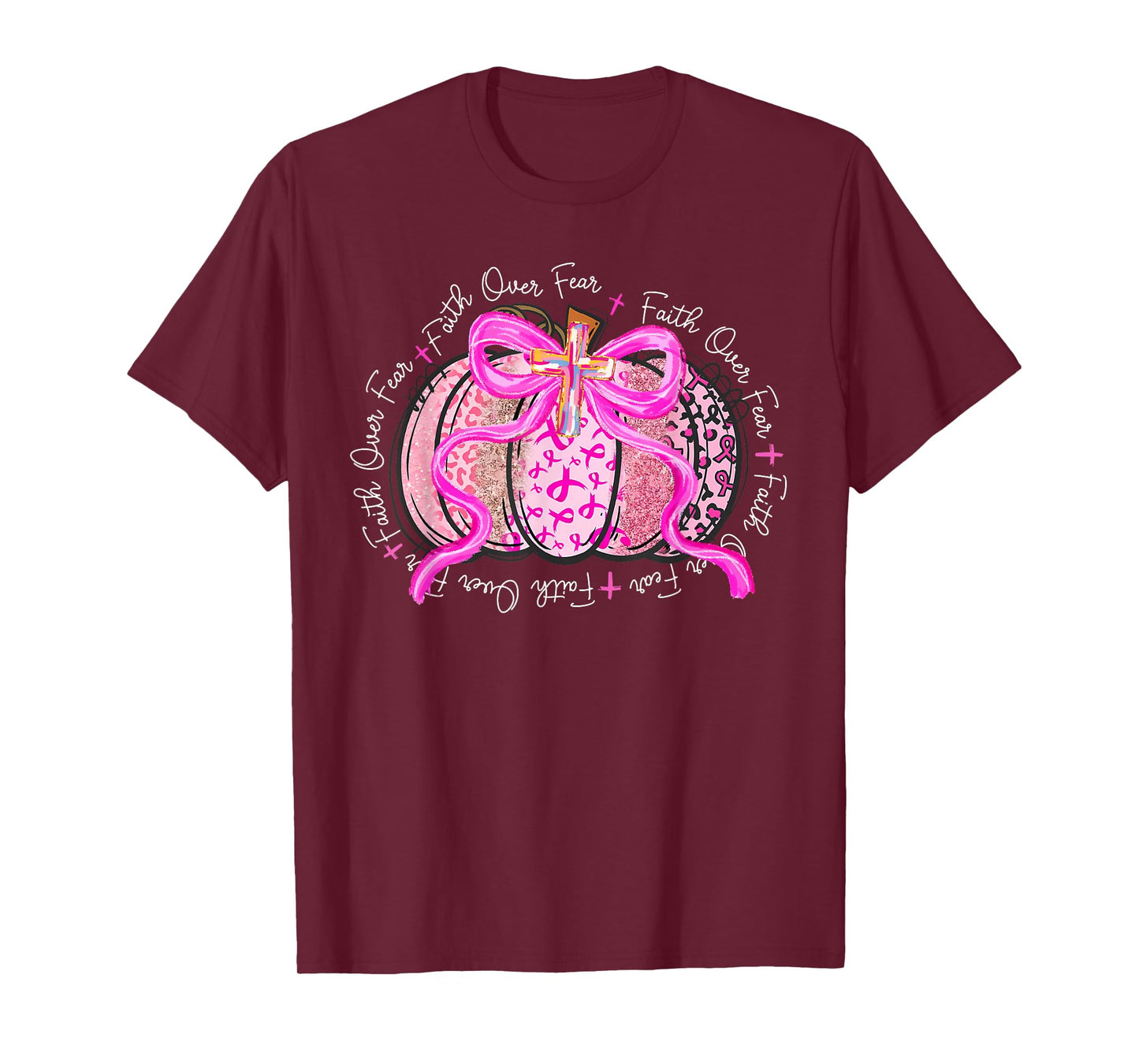 Faith Over Fear Preppy Pumpkin Christian Breast Cancer Fall T-Shirt