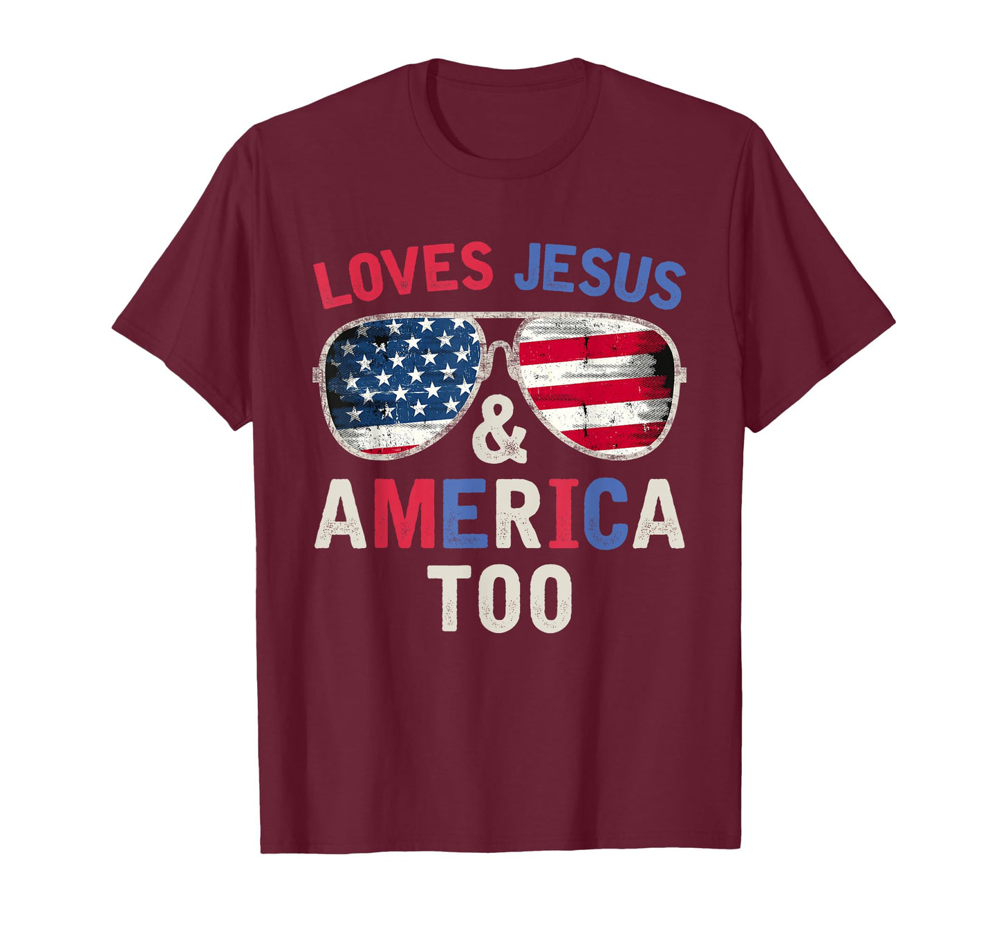 Loves Jesus and America Too Retro God Christian 4th of July T-Shirt
