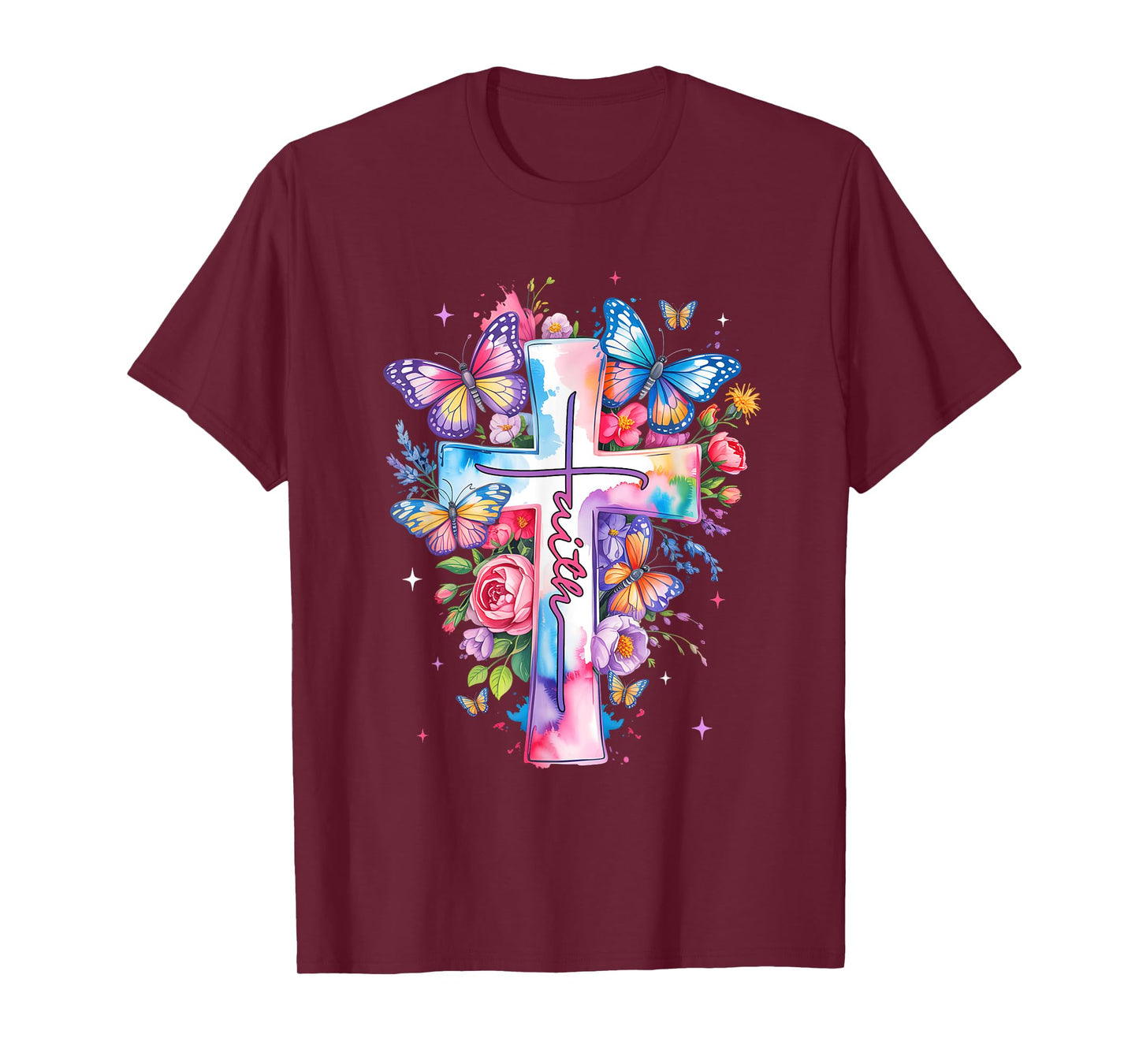 Faith Cross Floral Butterflies Christ Flowers Religious T-Shirt