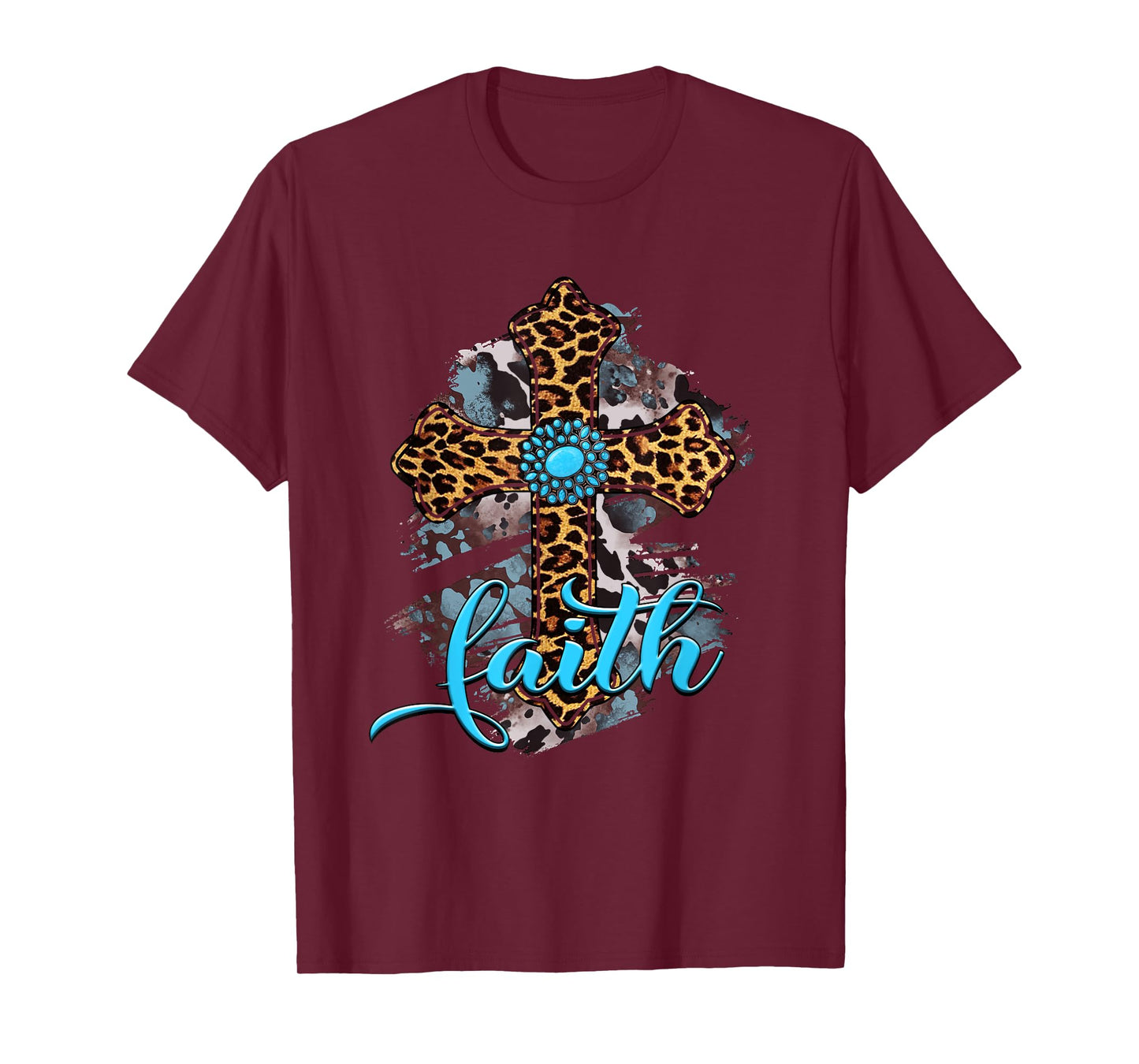 Western Boho Christian Turquoise Leopard Faith Cross Jesus T-Shirt
