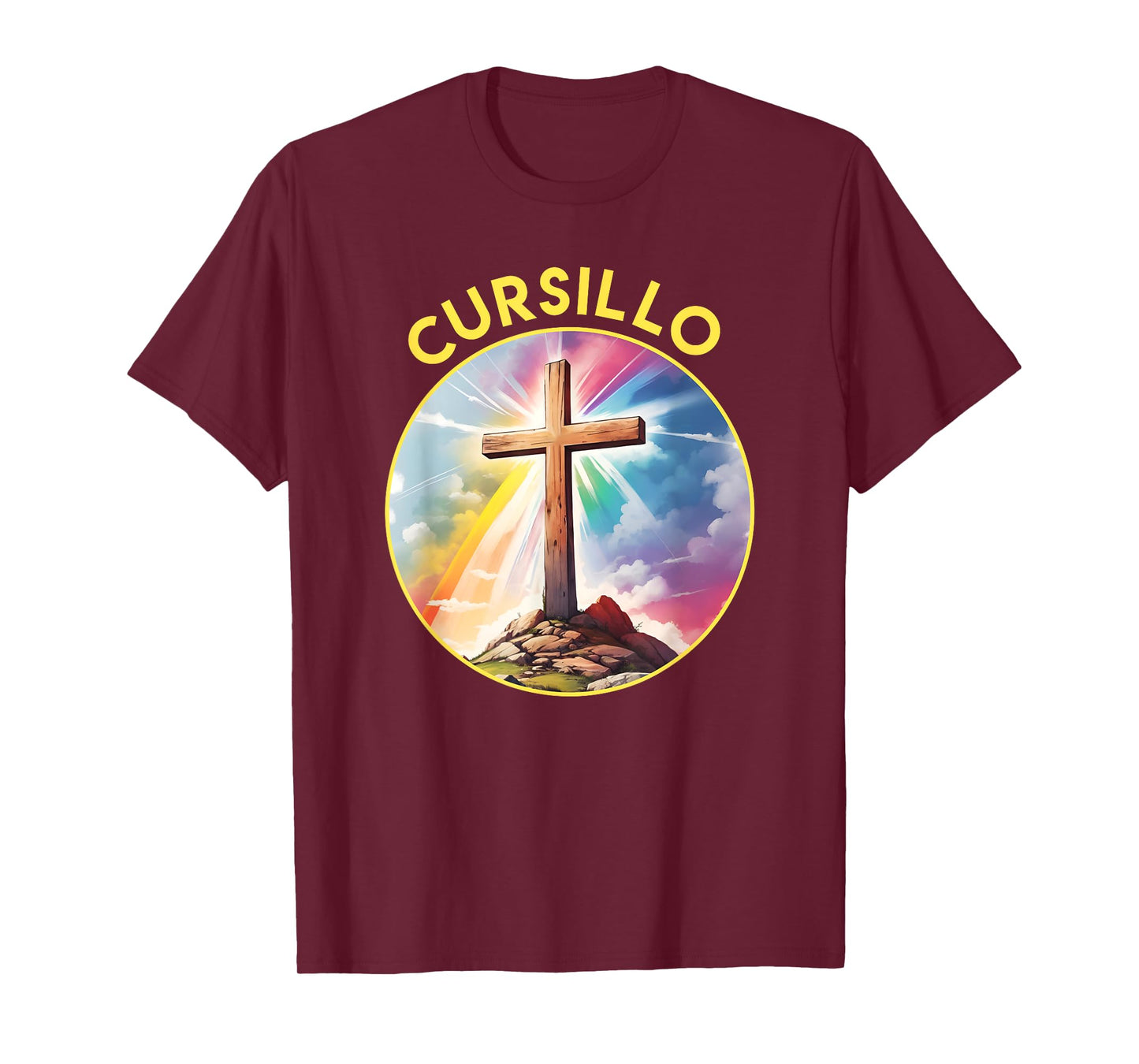 Cursillo Faith Wood Cross With Rainbow and Clouds T-Shirt