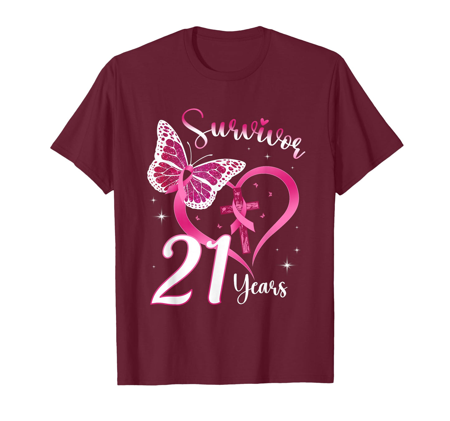 Breast Cancer Survivor Pink Ribbon Butterfly 21 Years Gift T-Shirt