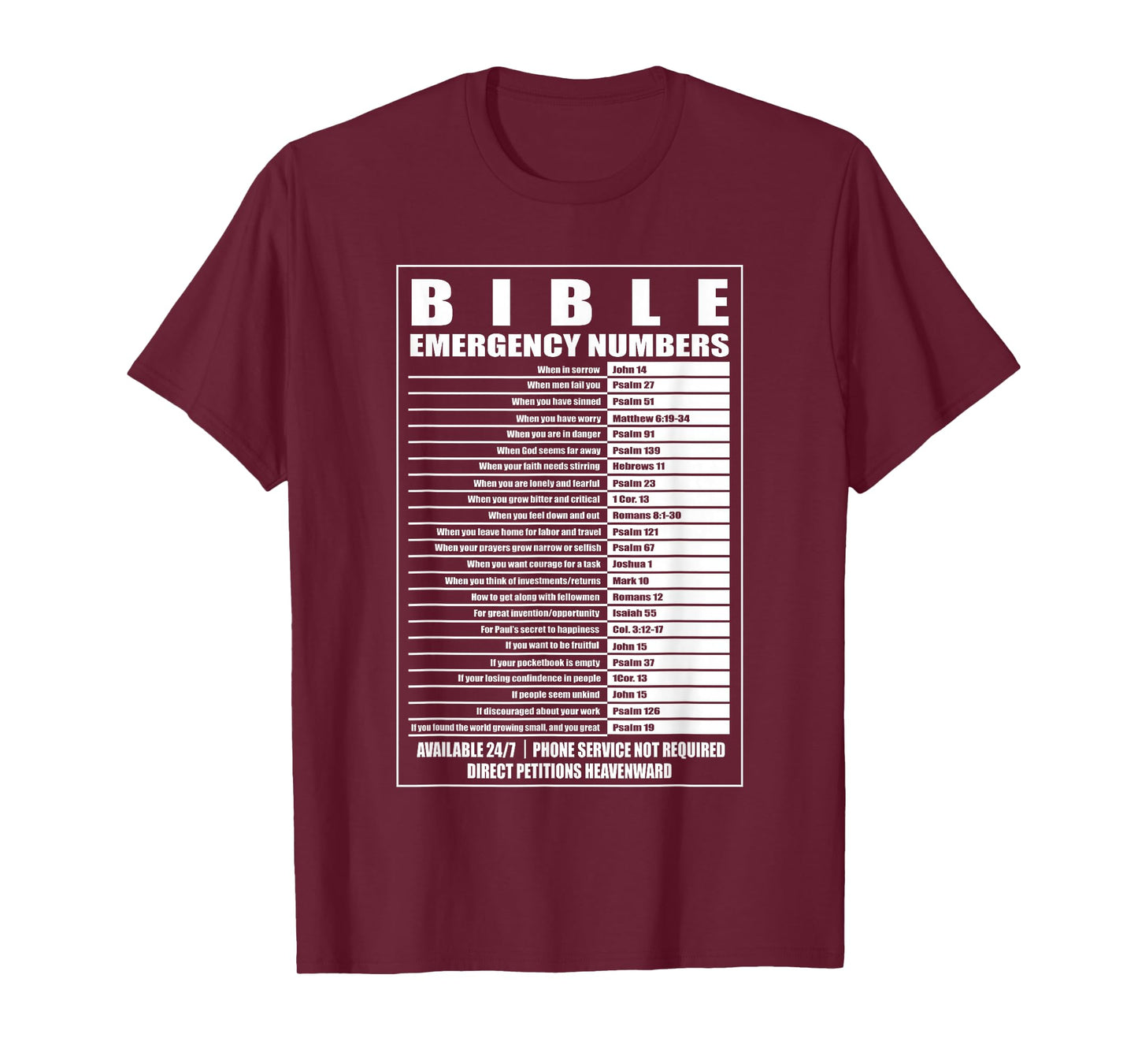 Bible Emergency Numbers Religious Christian T-Shirt