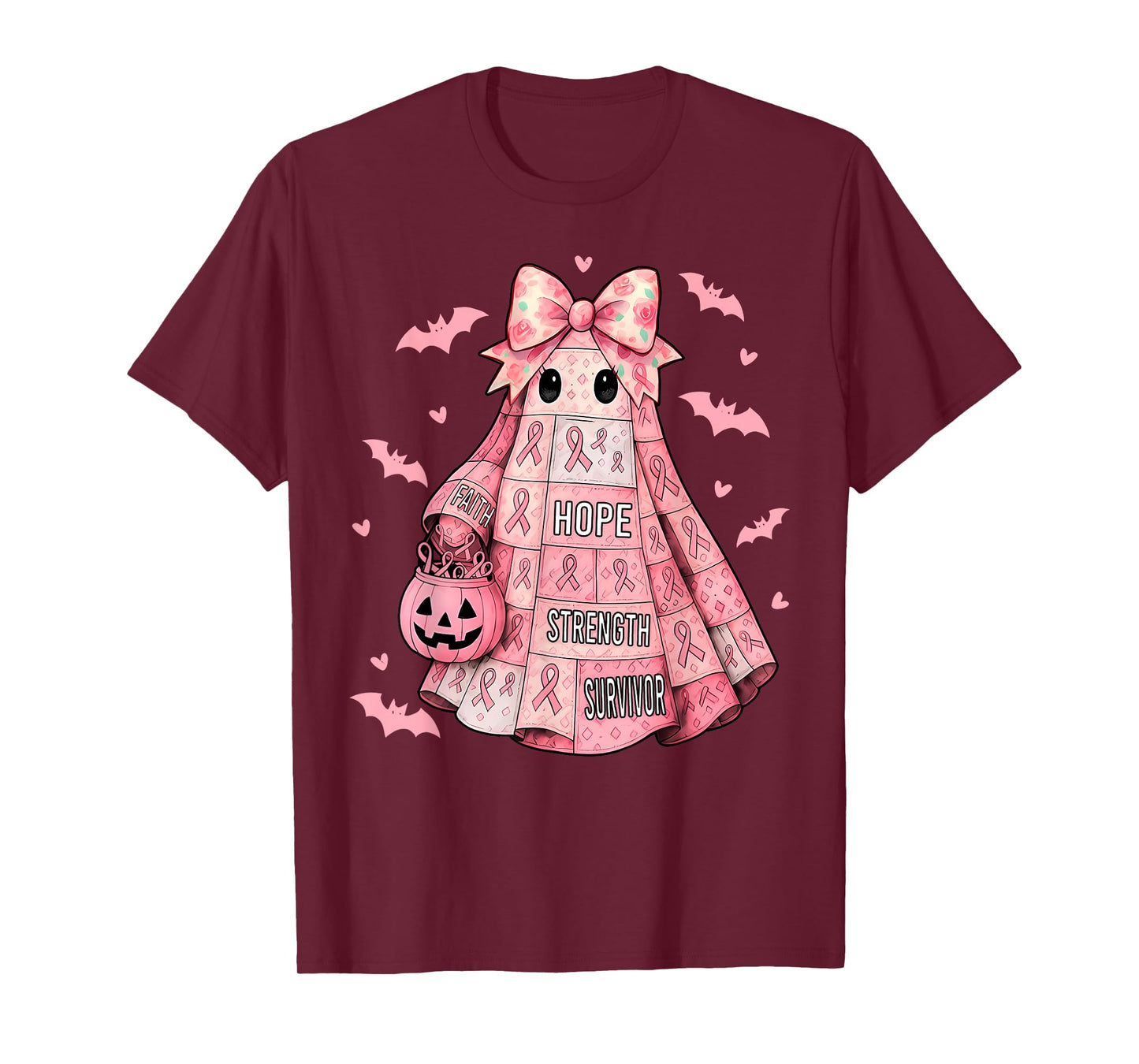 Pink Ribbon Patchwork Ghost Halloween Spooky Breast Cancer T-Shirt
