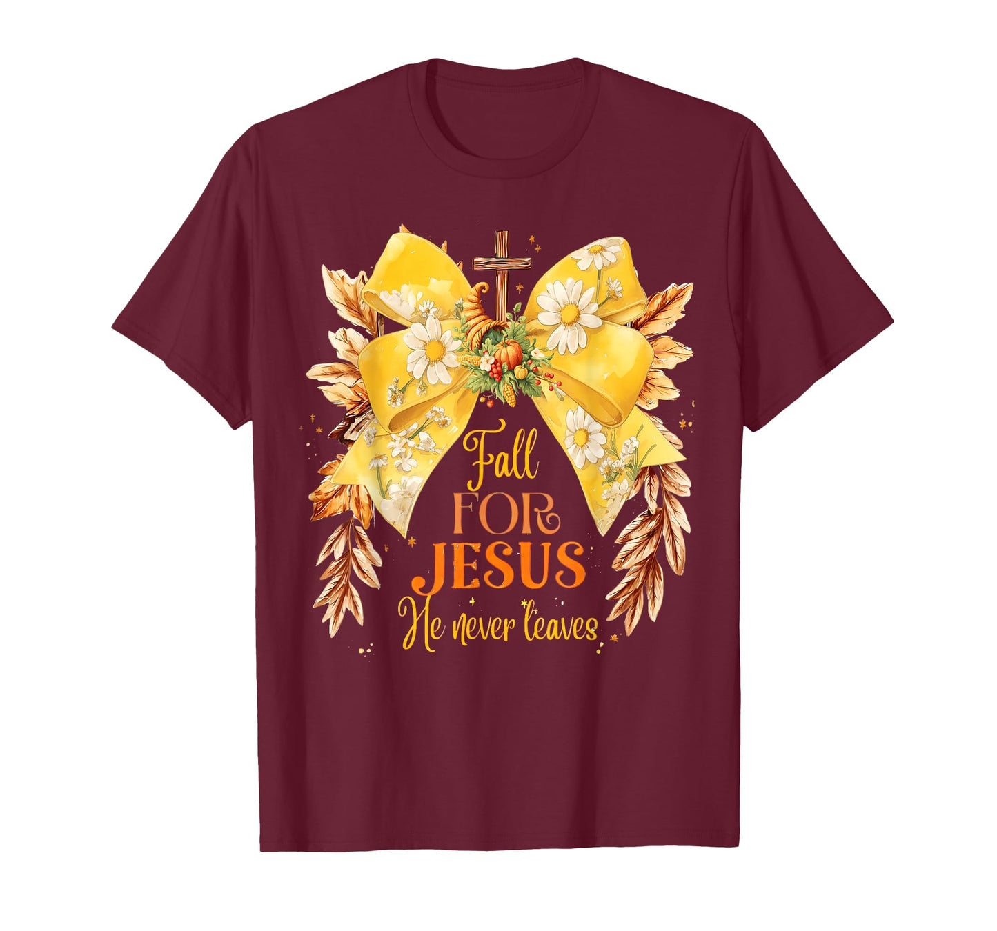 Fall for Jesus He Never Leaves Coquette Bow Pumpkin Autumn T-Shirt
