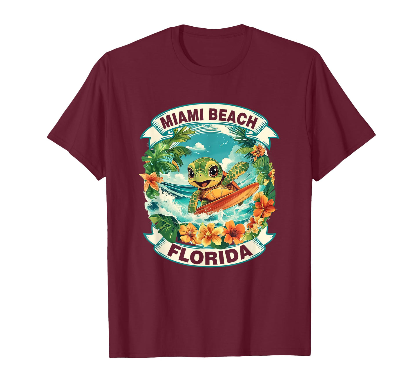 Miami Beach Florida Cute Sea Turtle Surfing Summer Vacation T-Shirt