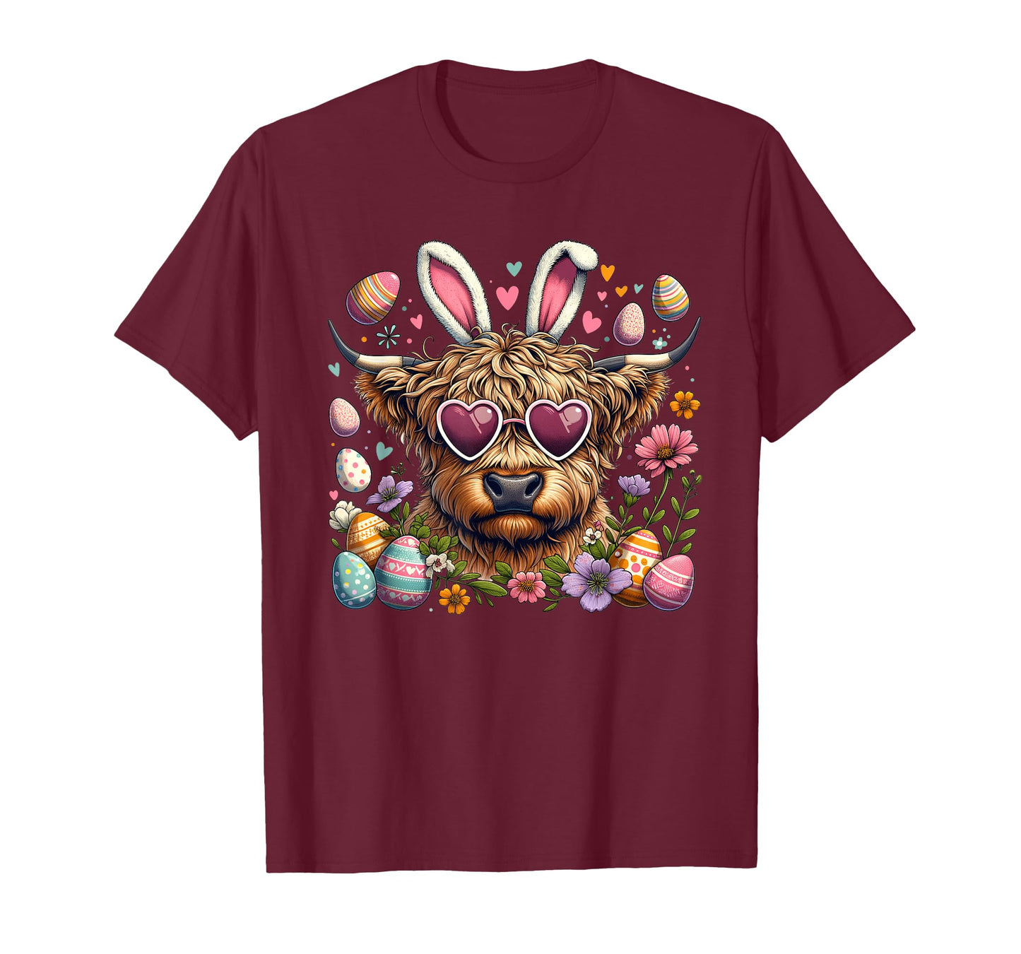 Happy Easter Day Highland Cow Retro Easter Bunny Women Kids T-Shirt