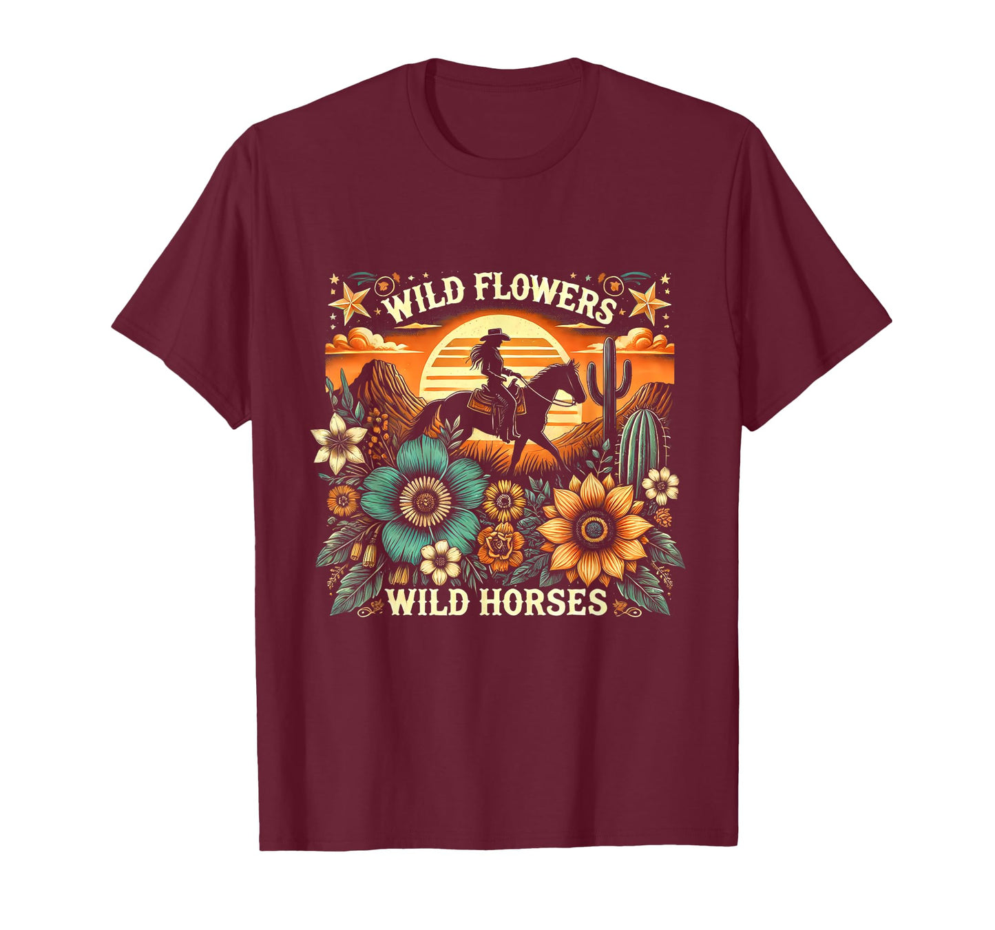 Sunset Cowgirl Riding Horse Wild Flowers - Wild Horses T-Shirt