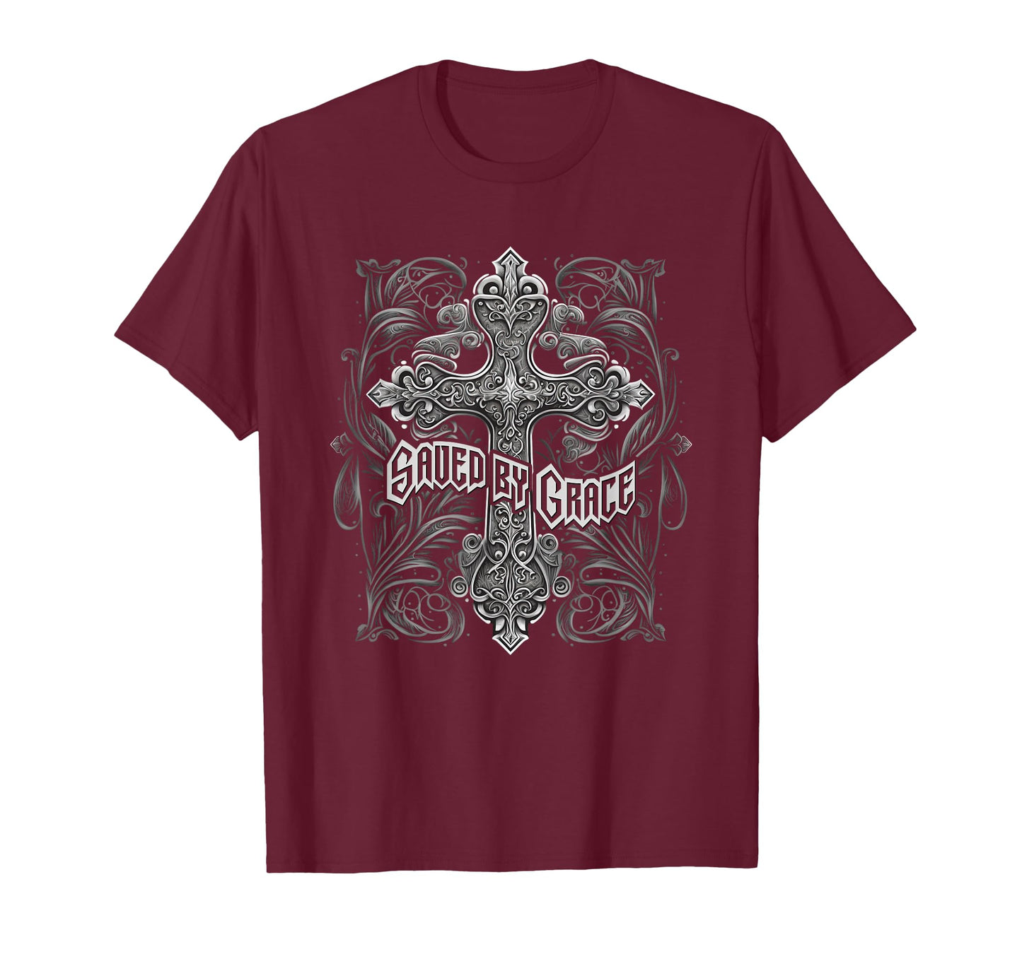 Saved By Grace Christian Graphic Design Gothic Cross T-Shirt