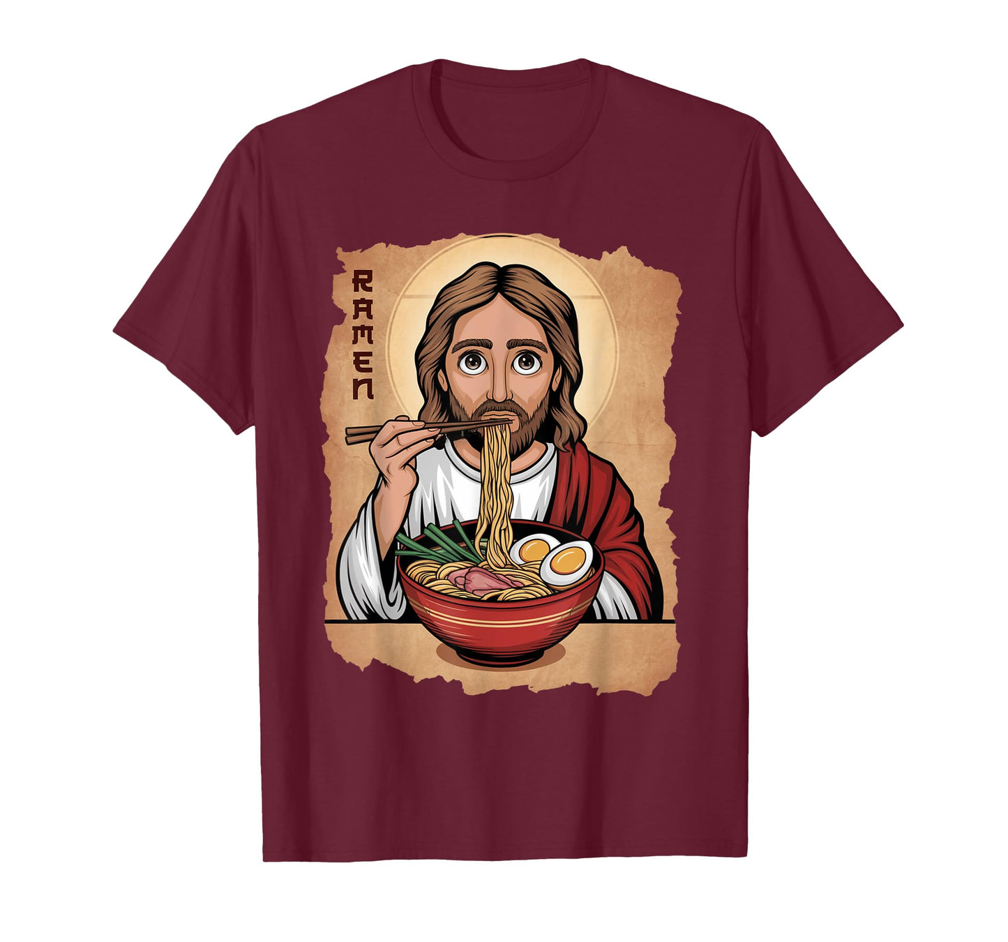 Cute Jesus Eating Ramen Noodles Ocean Waves Japanese Art T-Shirt