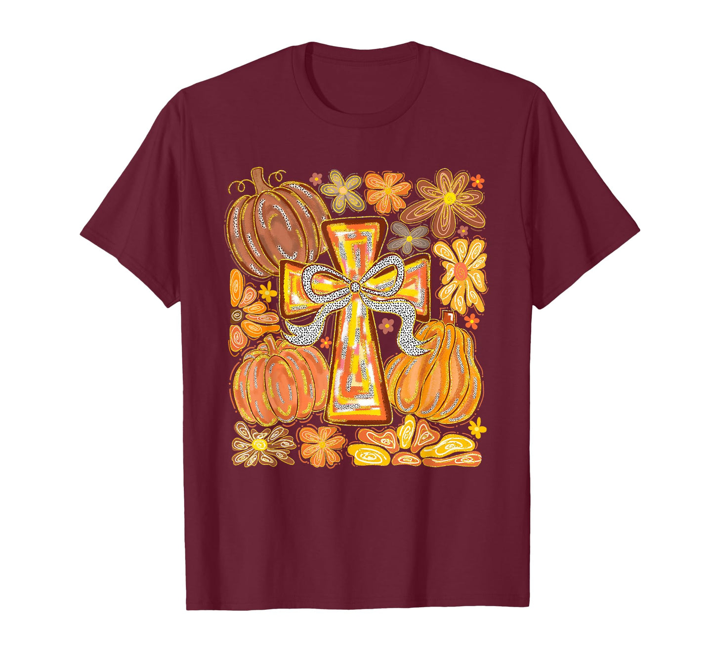 Fall Cross Pumpkins & Flowers Christian Autumn Faith Women T-Shirt