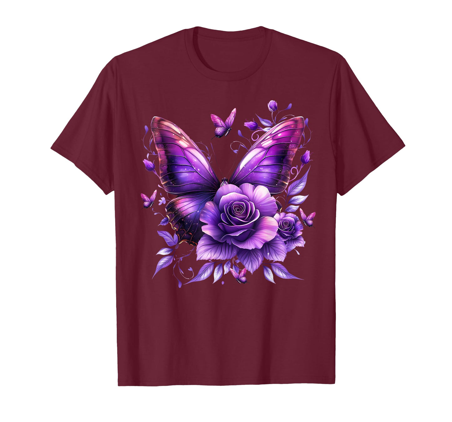 Floral Beautiful Purple Butterfly Lover Rose Flower Women T-Shirt